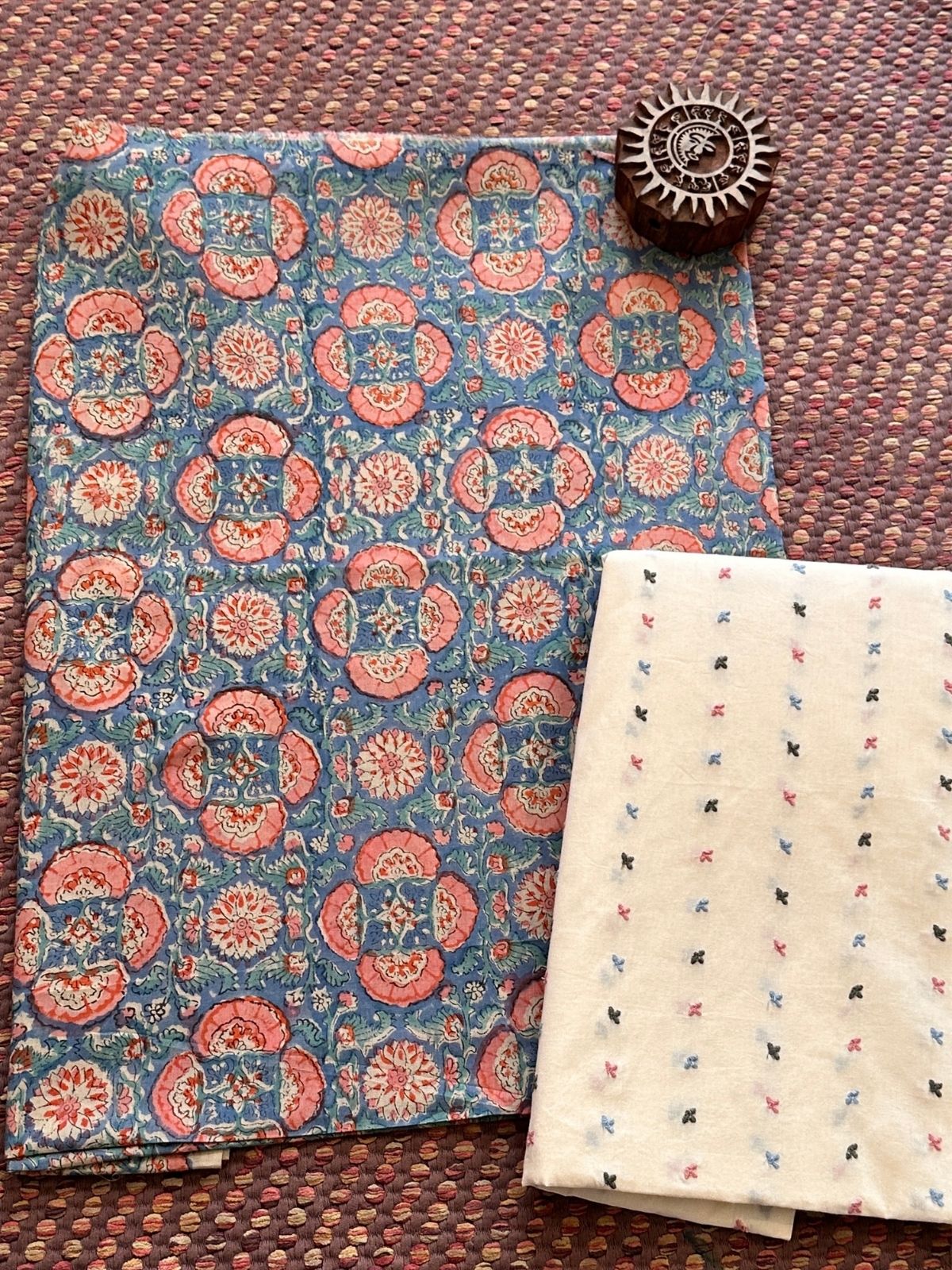 Pure Cotton Malmal Hand-blocked Fabric with Embroidered Bottom