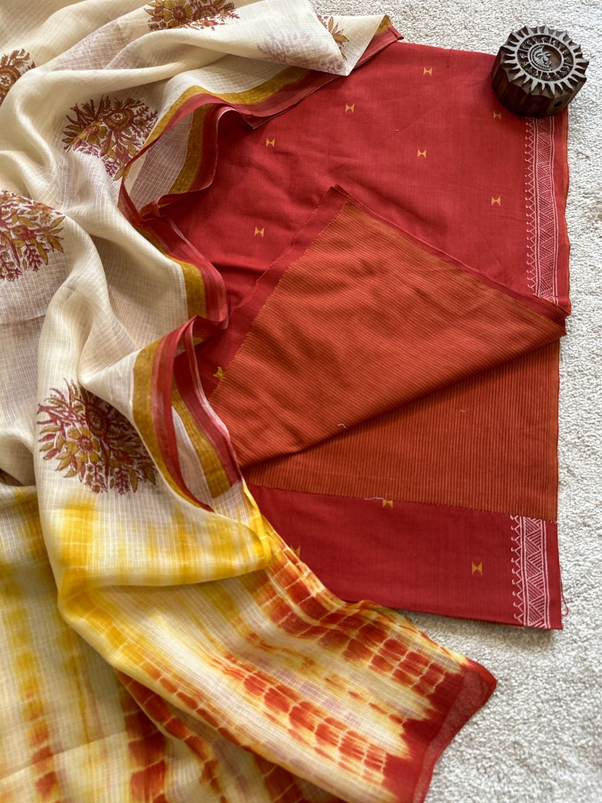 Pure Cotton Hand Woven Fabric with Kota Silk Handblocked dupatta.