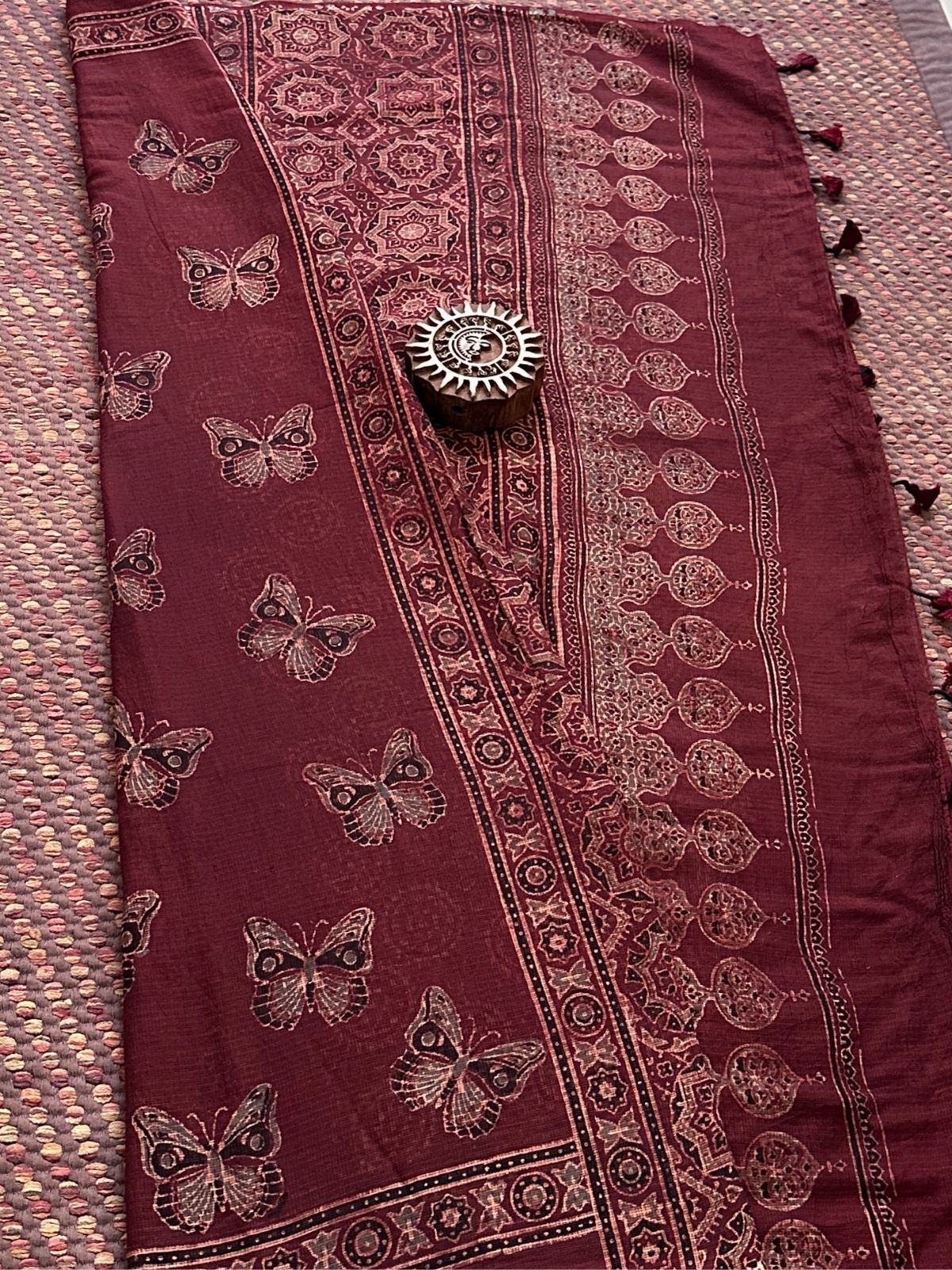 Ajrak Handblocked Kota Doria Embroidered Saree with Blouse Fabric