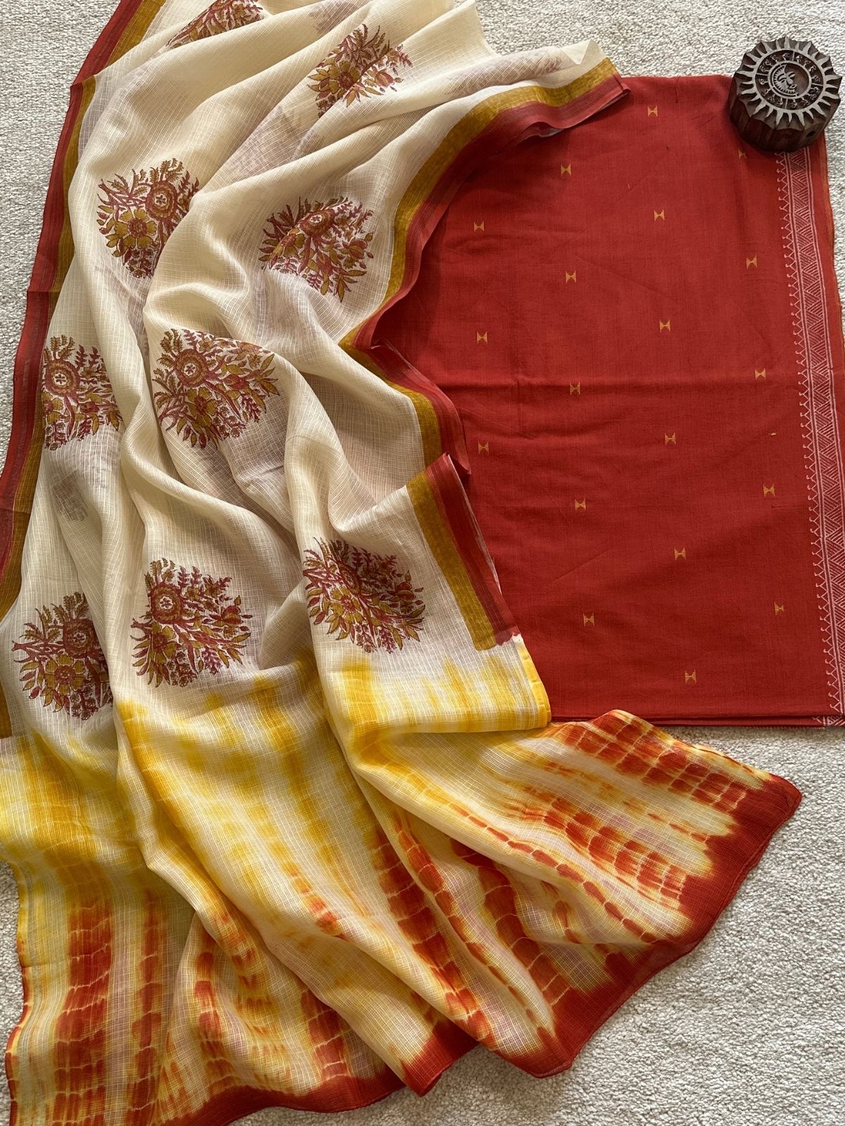 Pure Cotton Hand Woven Fabric with Kota Silk Handblocked dupatta.