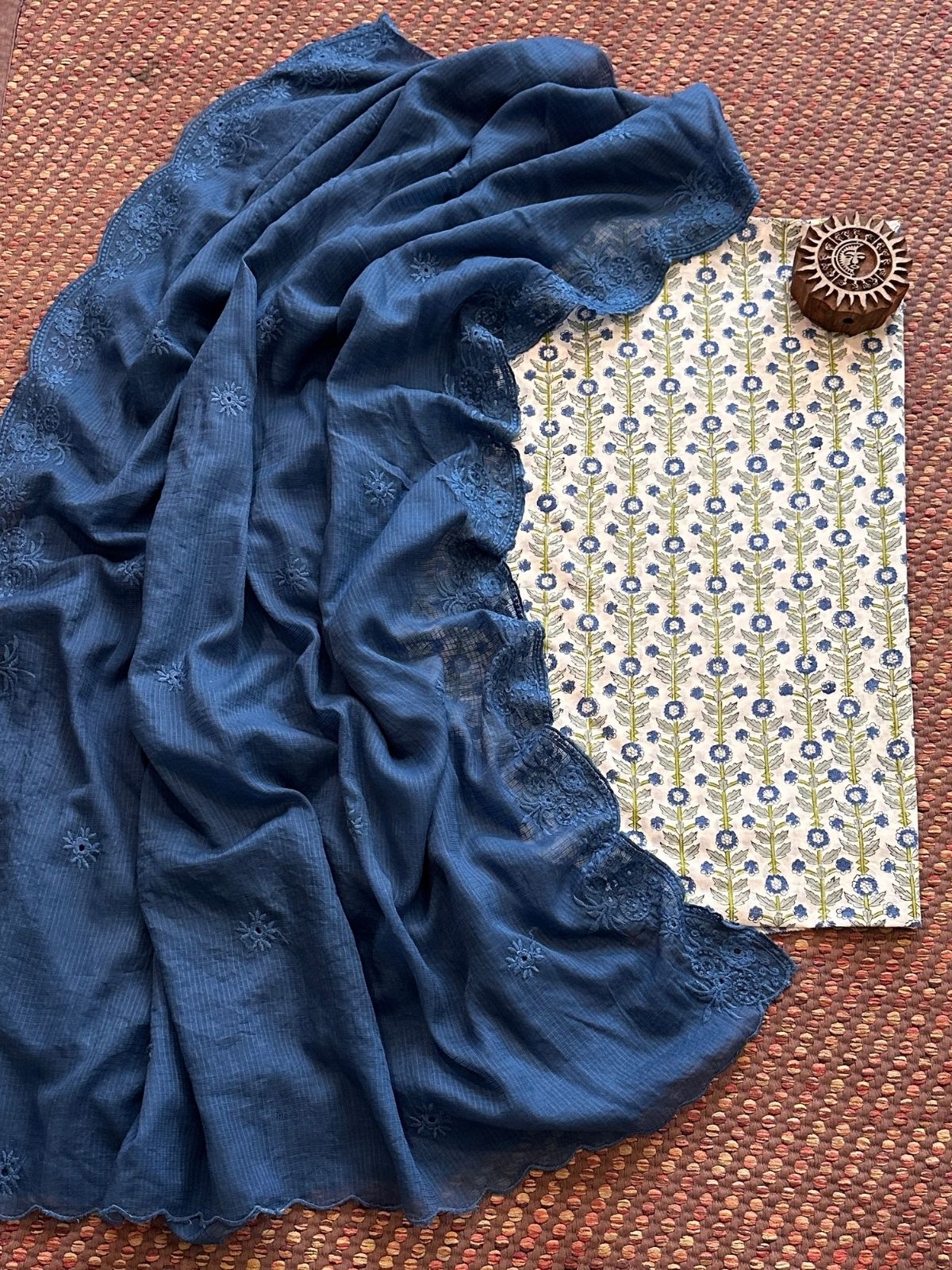 Pure Cotton  Handblock Fabric with Embroidered Kota Dupatta