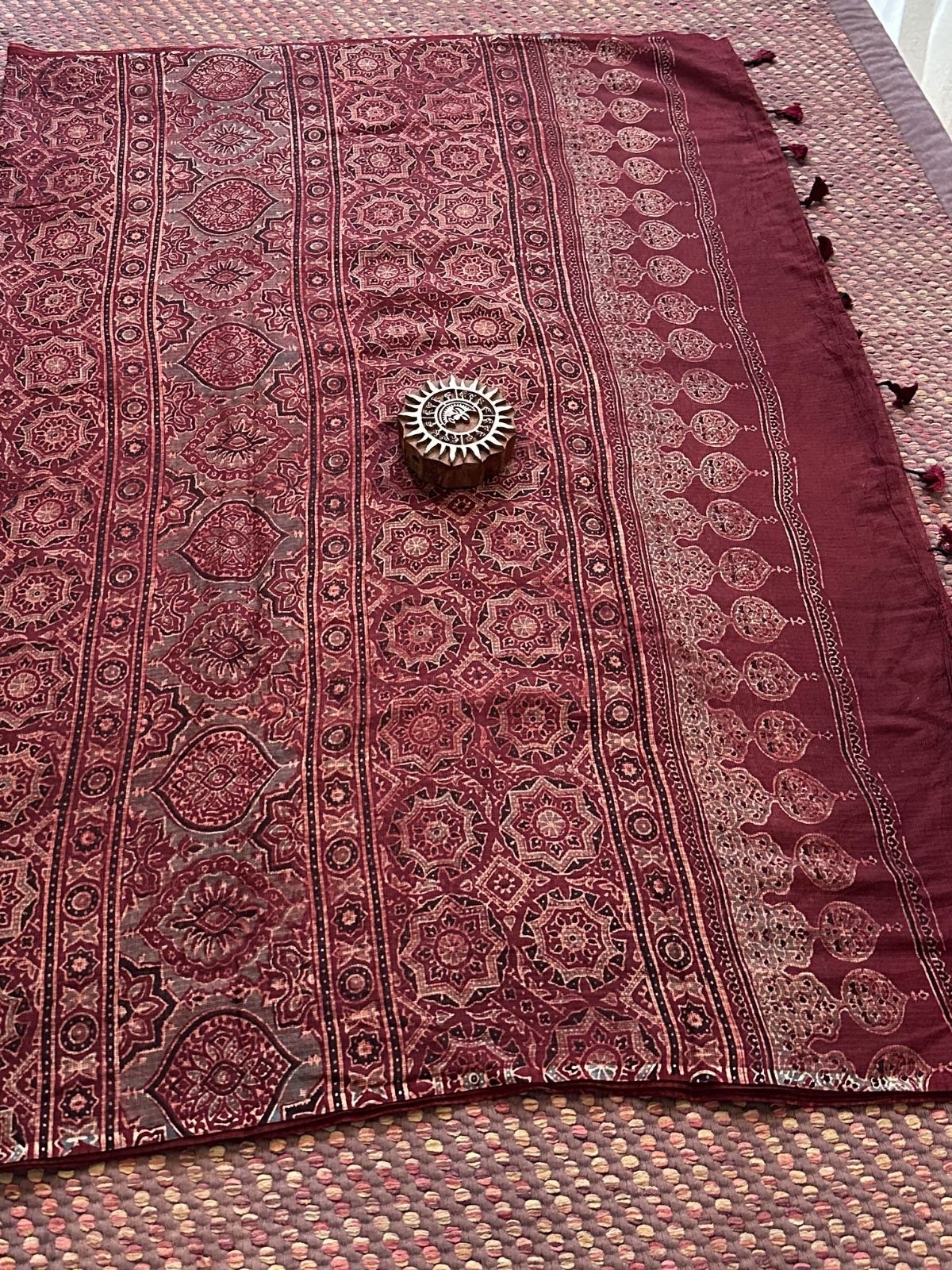 Ajrak Handblocked Kota Doria Embroidered Saree with Blouse Fabric