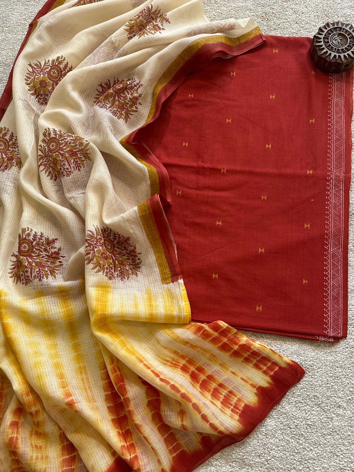 Pure Cotton Hand Woven Fabric with Kota Silk Handblocked dupatta.