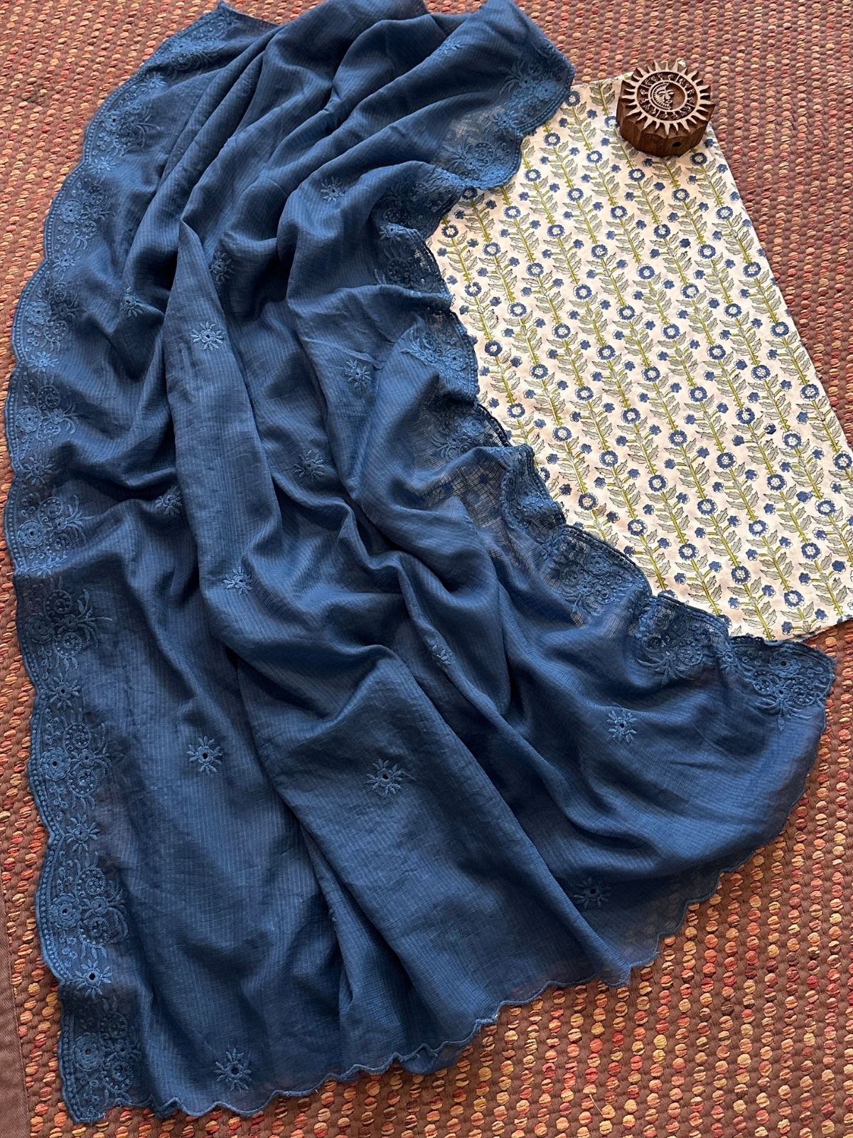 Pure Cotton  Handblock Fabric with Embroidered Kota Dupatta