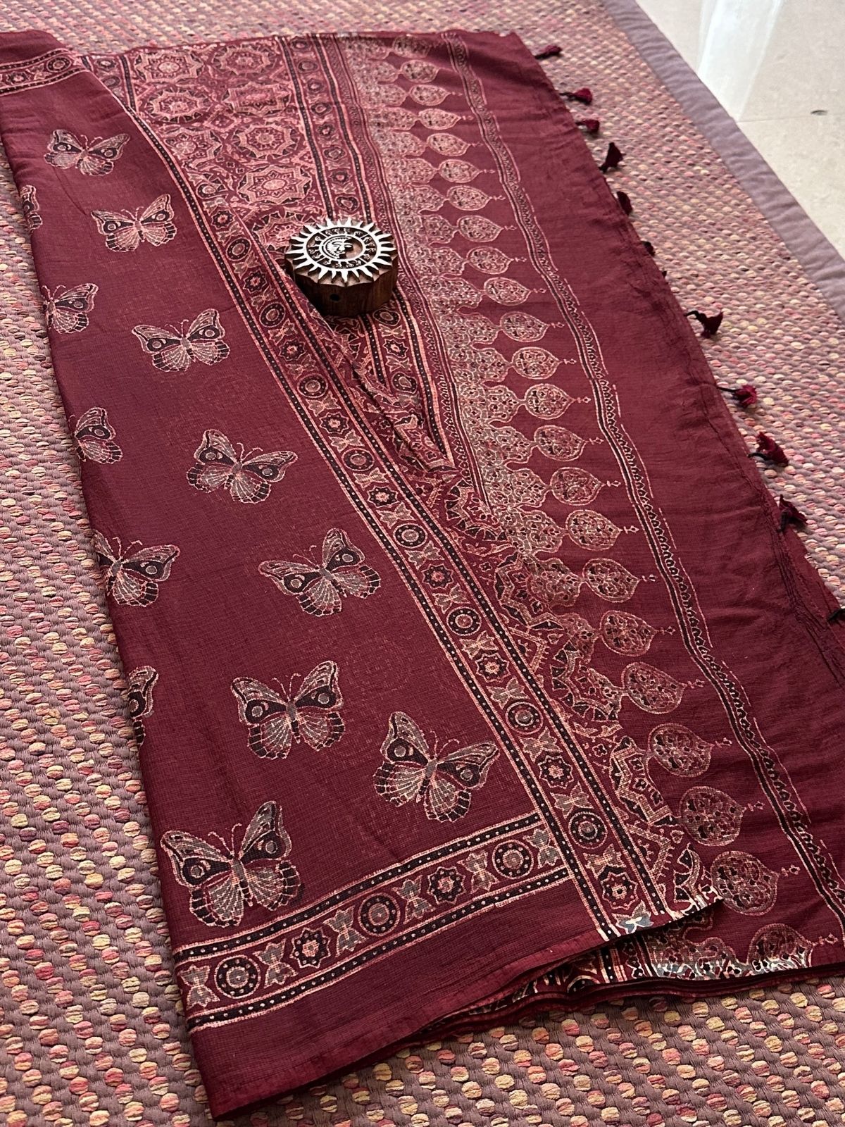 Ajrak Handblocked Kota Doria Embroidered Saree with Blouse Fabric