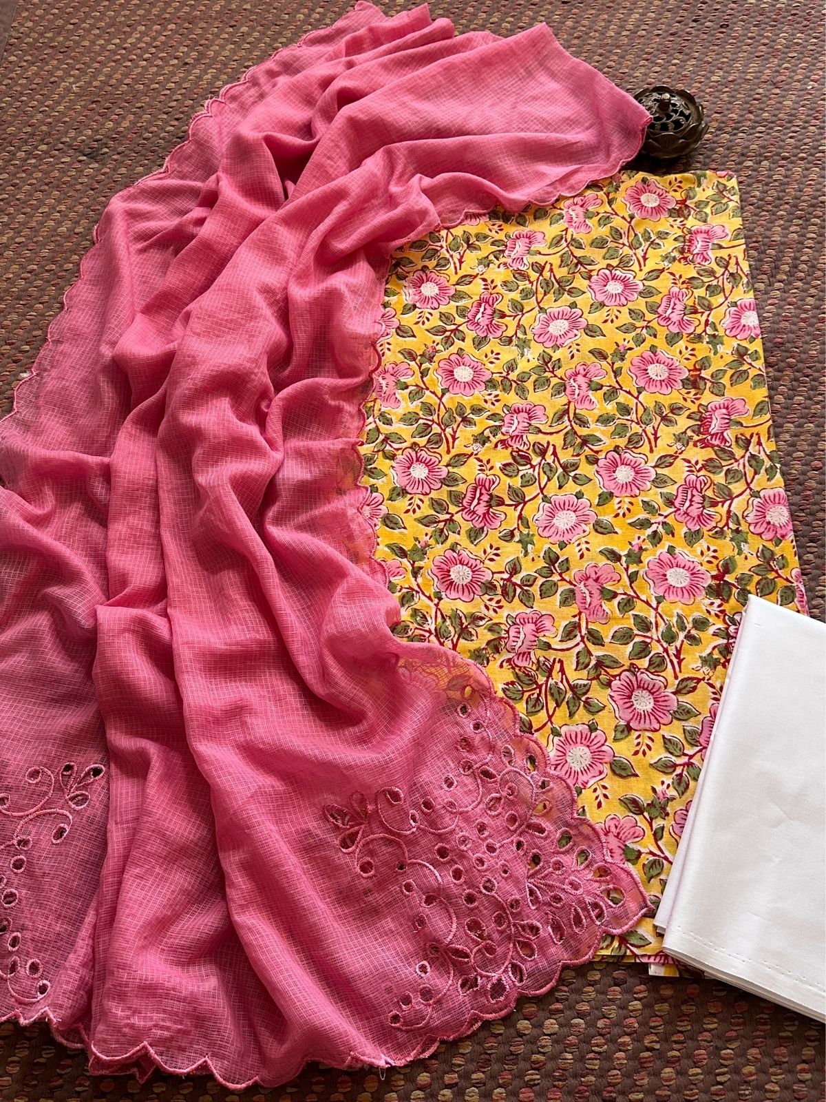 Pure Cotton Hand-blocked Fabric Set with Cutwork Kota Doria Dupatta