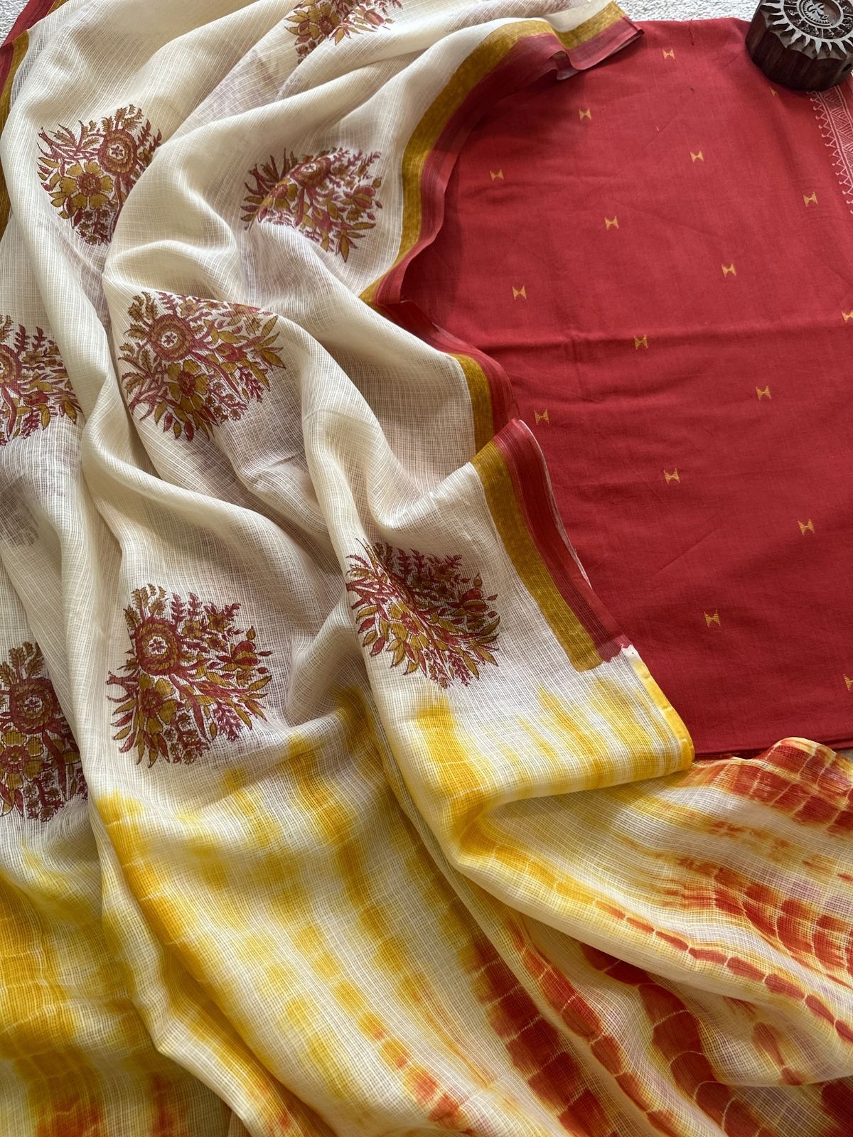 Pure Cotton Hand Woven Fabric with Kota Silk Handblocked dupatta.