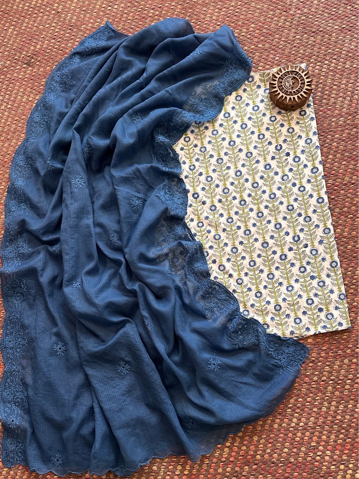 Pure Cotton  Handblock Fabric with Embroidered Kota Dupatta