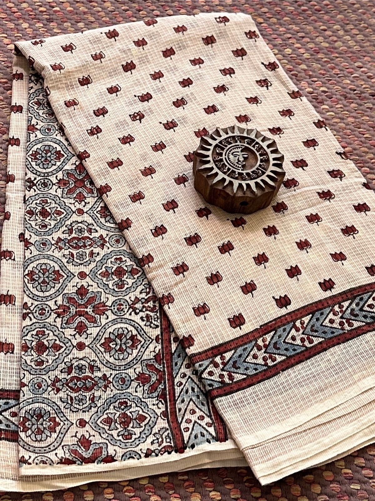 Ajrak Handblocked Kota Doria Embroidered Saree with Blouse Fabric