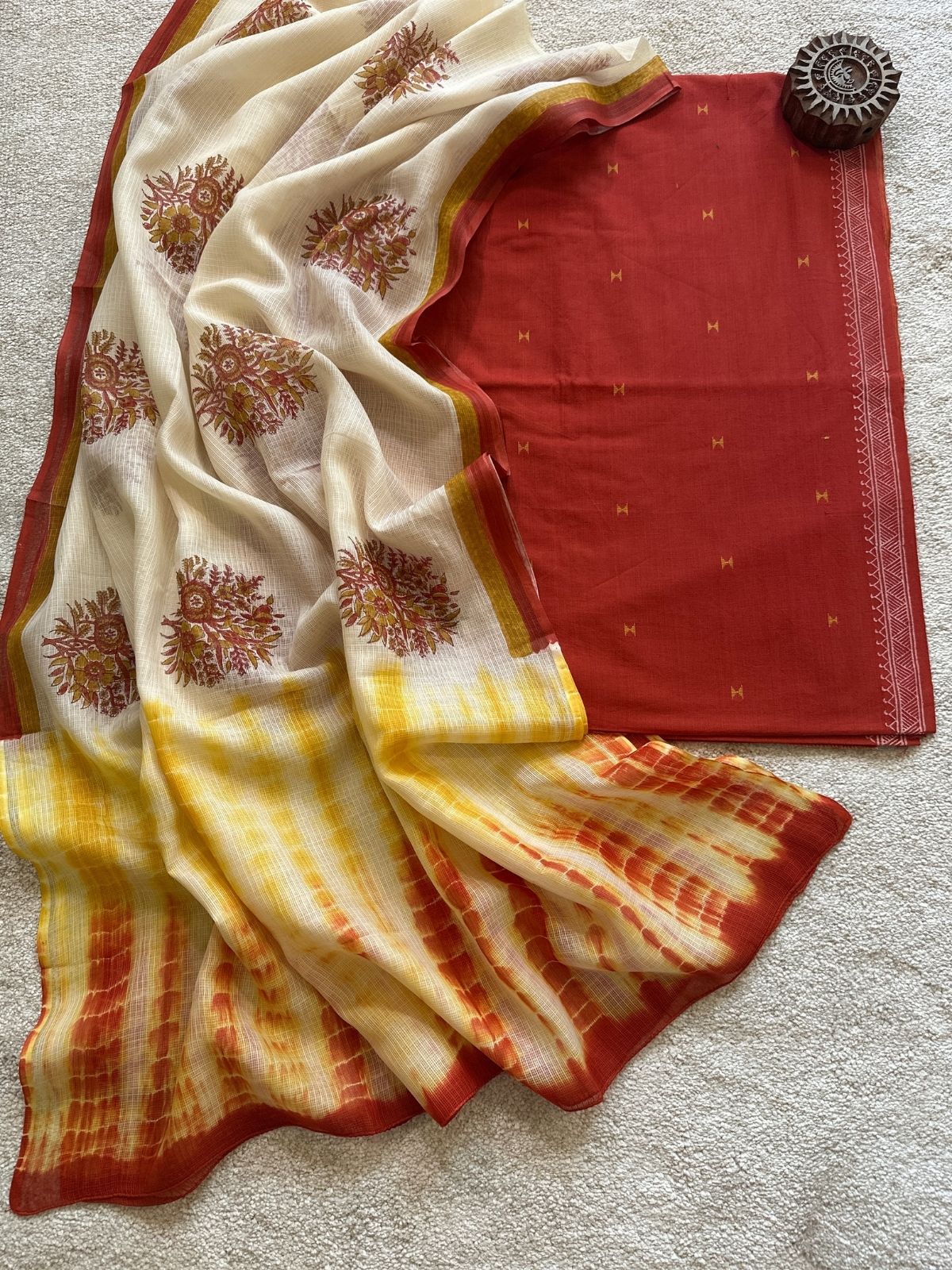Pure Cotton Hand Woven Fabric with Kota Silk Handblocked dupatta.