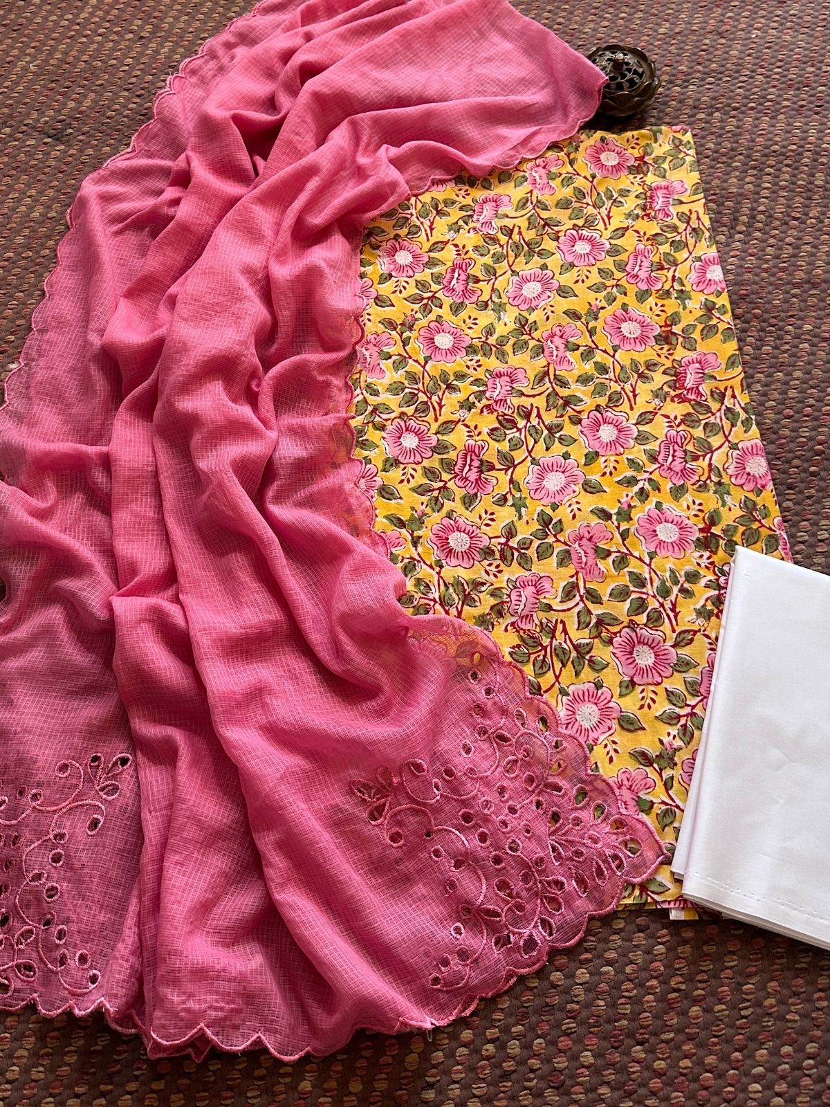 Pure Cotton Hand-blocked Fabric Set with Cutwork Kota Doria Dupatta