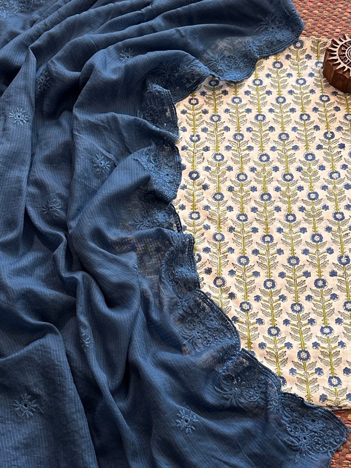 Pure Cotton  Handblock Fabric with Embroidered Kota Dupatta