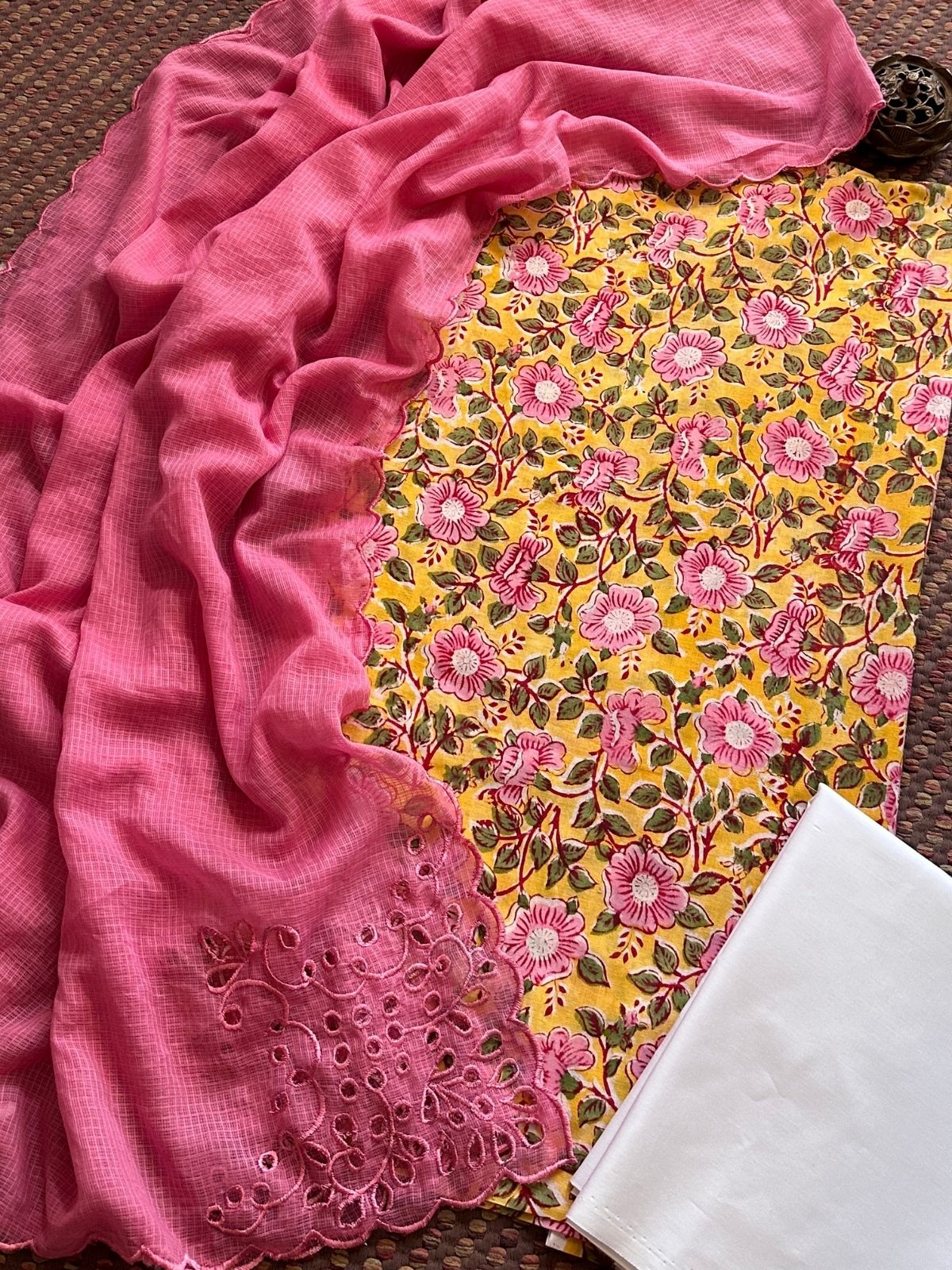 Pure Cotton Hand-blocked Fabric Set with Cutwork Kota Doria Dupatta