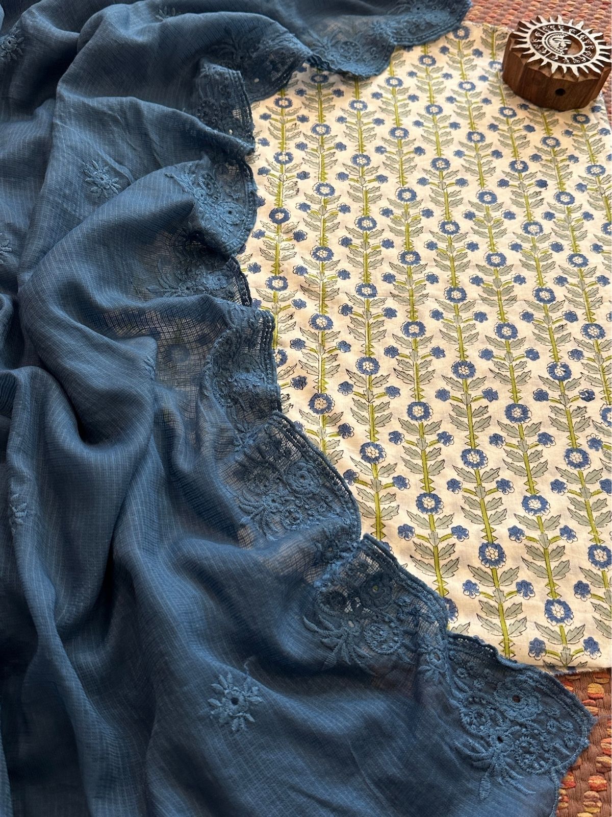Pure Cotton  Handblock Fabric with Embroidered Kota Dupatta