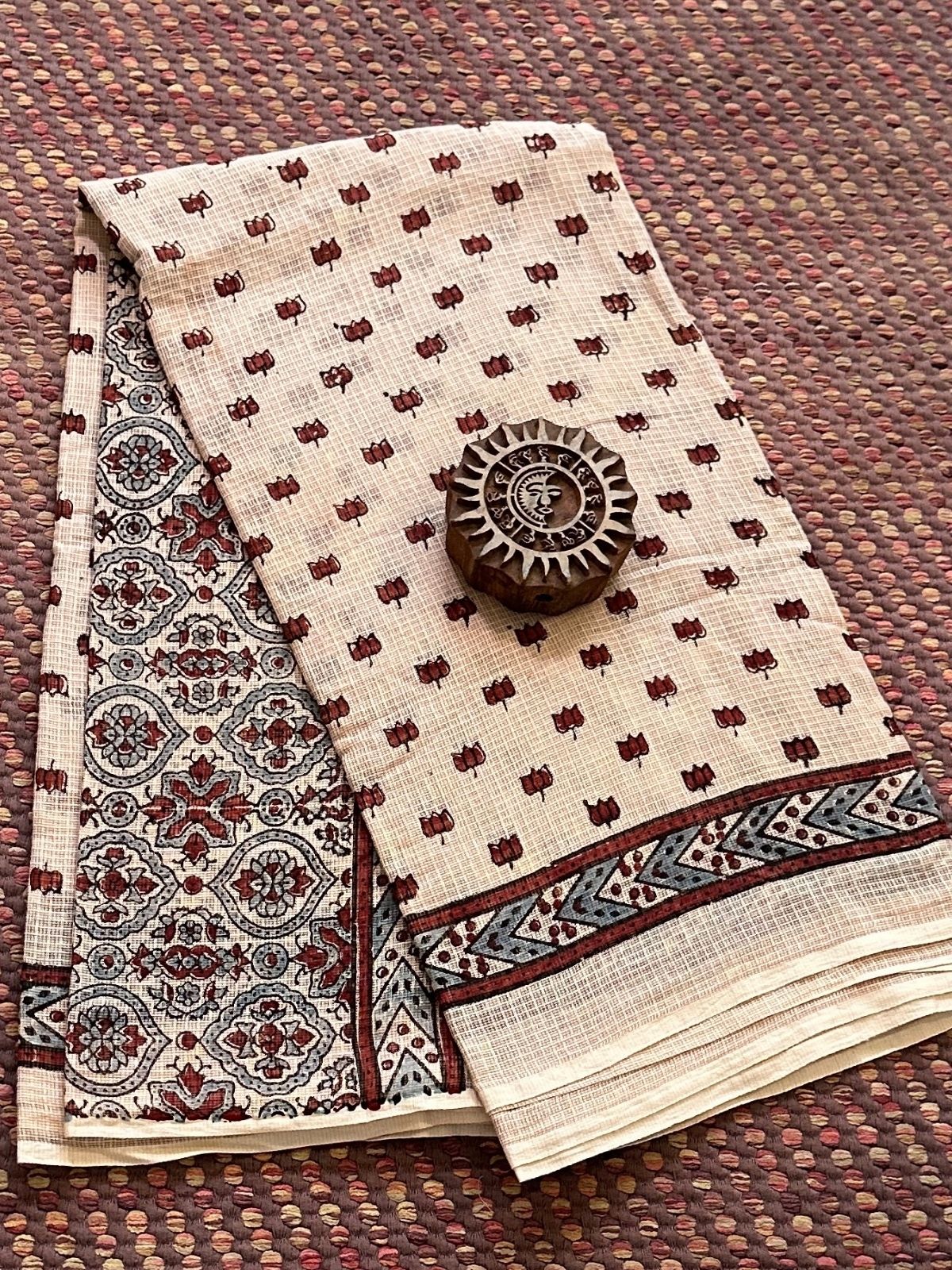 Ajrak Handblocked Kota Doria Embroidered Saree with Blouse Fabric