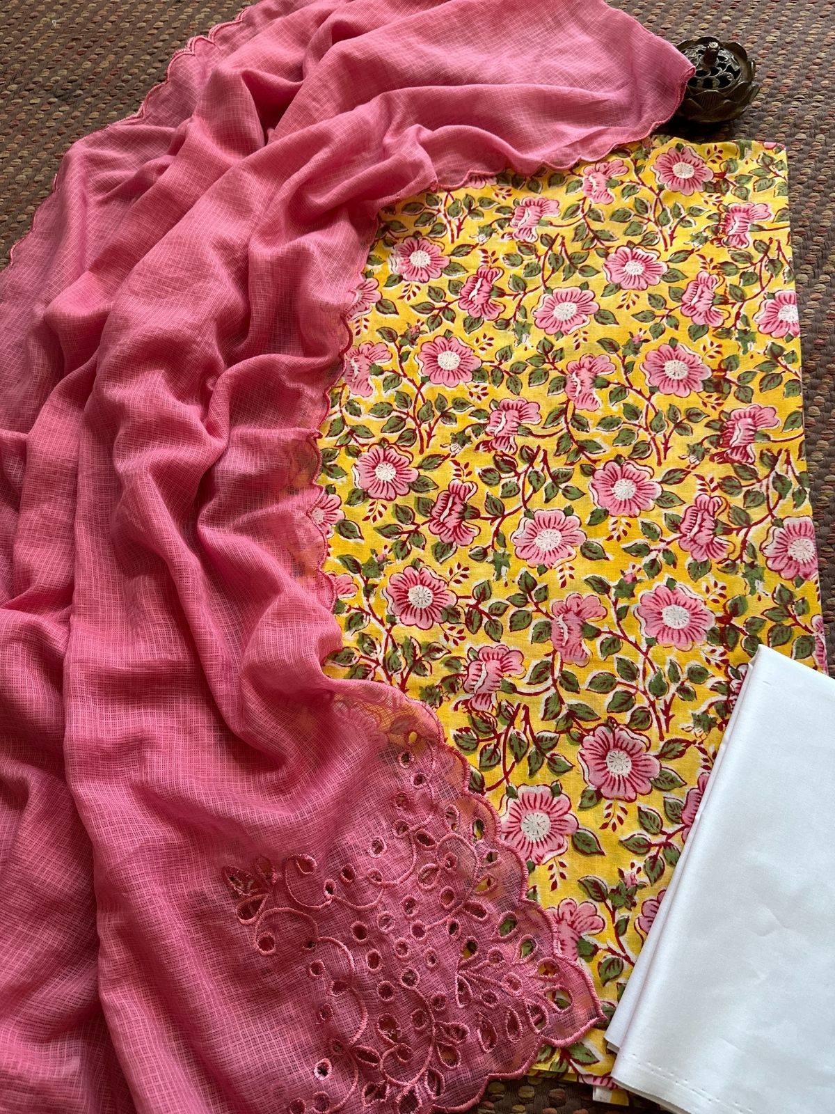 Pure Cotton Hand-blocked Fabric Set with Cutwork Kota Doria Dupatta