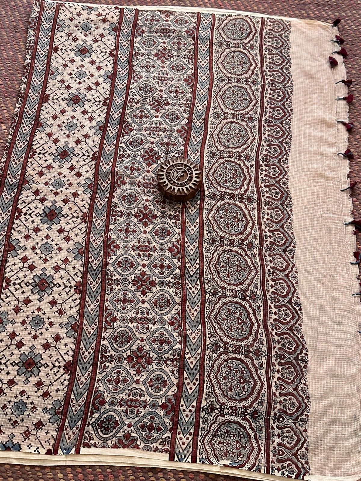 Ajrak Handblocked Kota Doria Embroidered Saree with Blouse Fabric