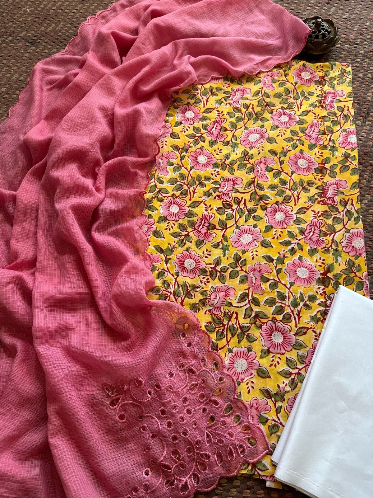 Pure Cotton Hand-blocked Fabric Set with Cutwork Kota Doria Dupatta