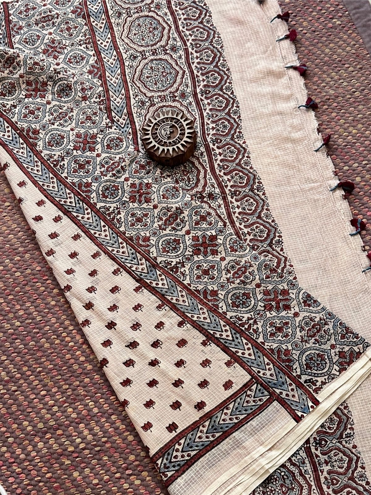 Ajrak Handblocked Kota Doria Embroidered Saree with Blouse Fabric
