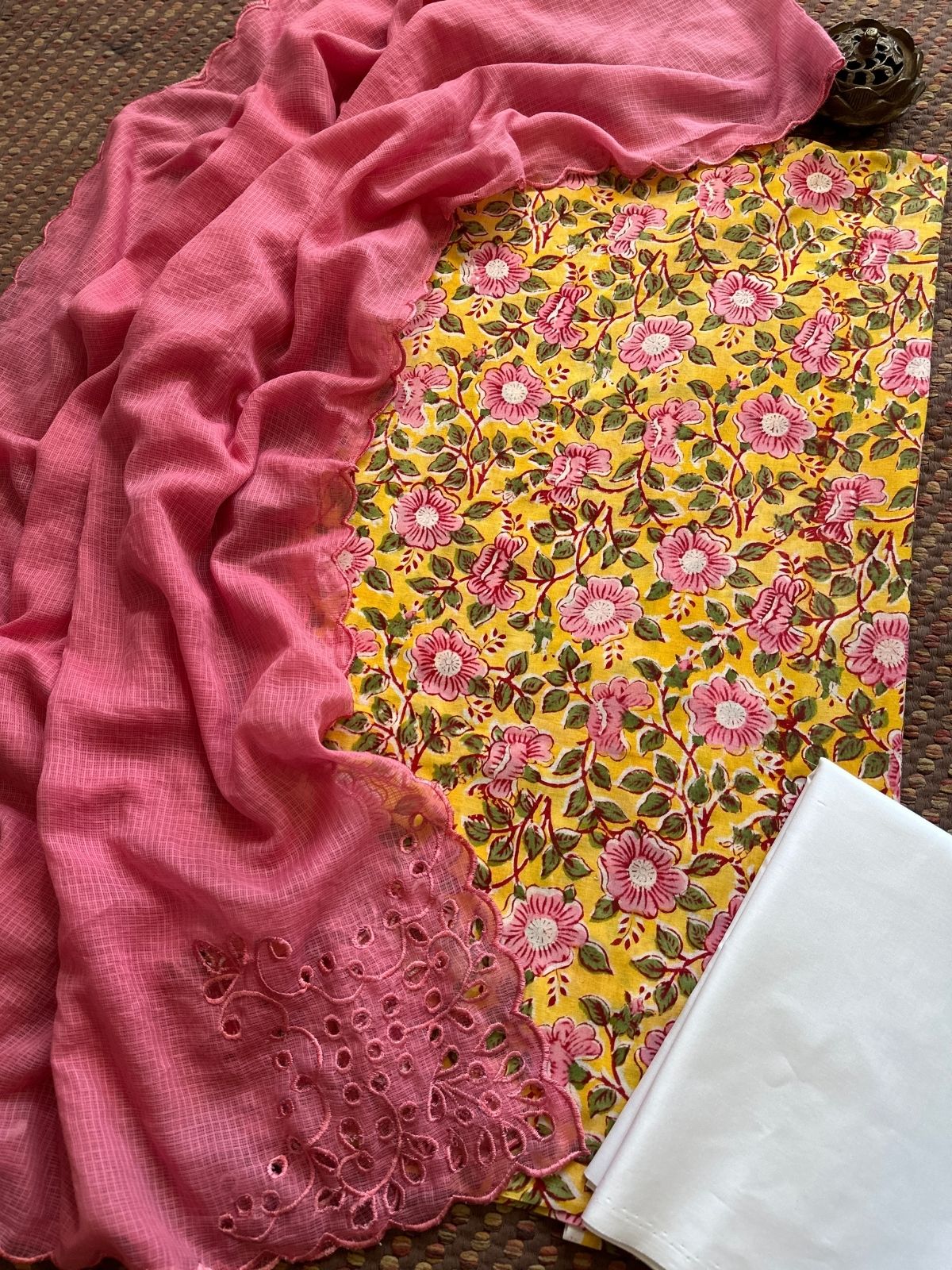 Pure Cotton Hand-blocked Fabric Set with Cutwork Kota Doria Dupatta