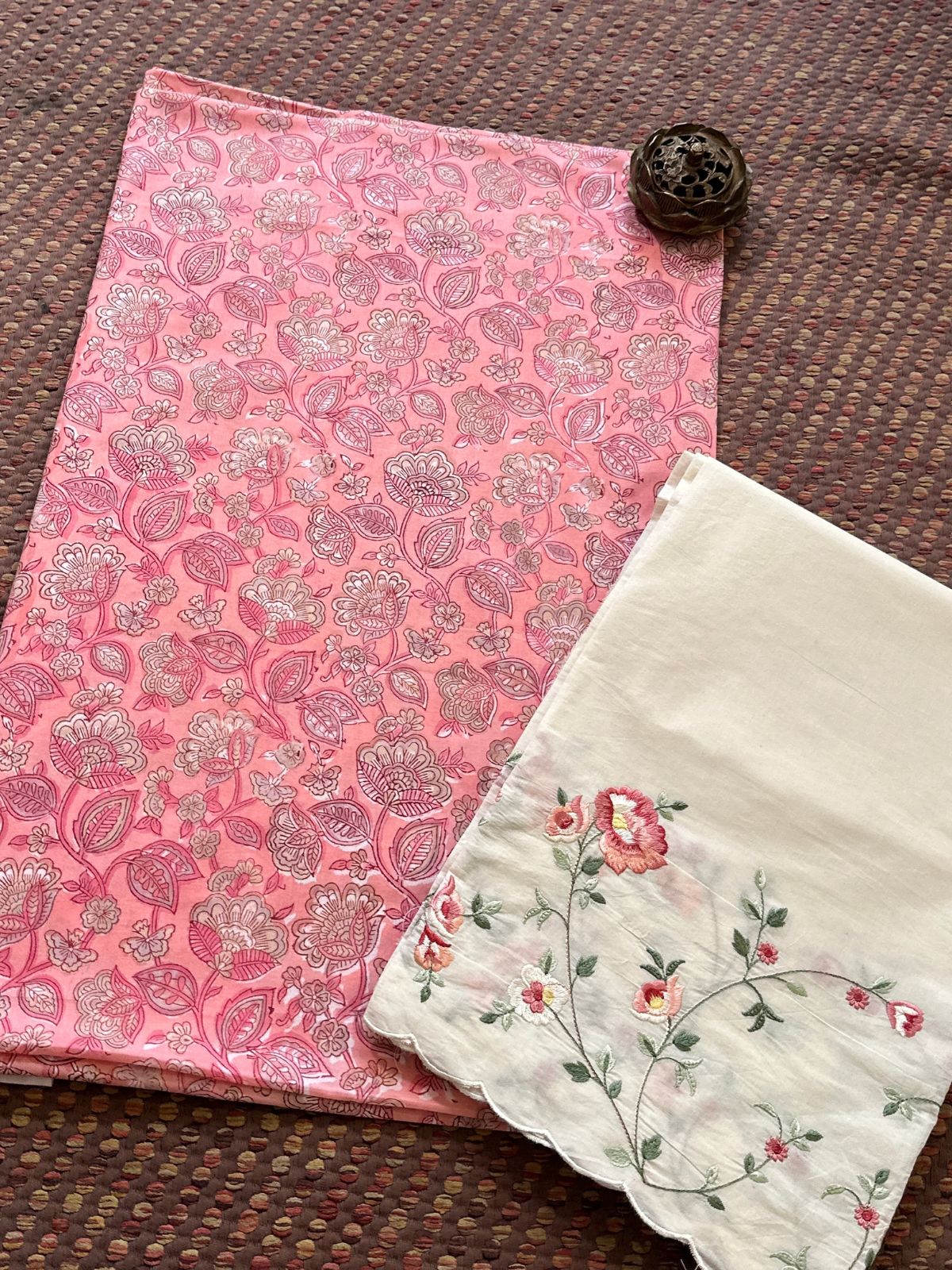 Pure Cotton Hand-blocked Fabric with Embroidered Bottom