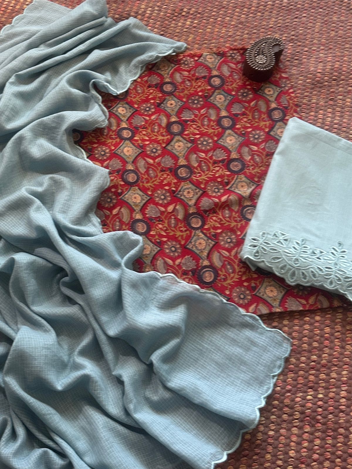 Pure Cotton Malmal Hand-blocked Fabric with Cutwork Bottom & Kota Doria Dupatta