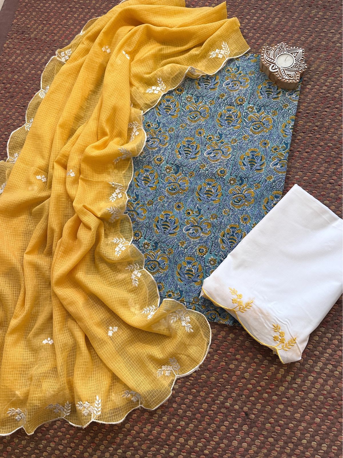 Pure Cotton Malmal Hand-block Fabric with Embroidered Bottom & Kota Doria Dupatta