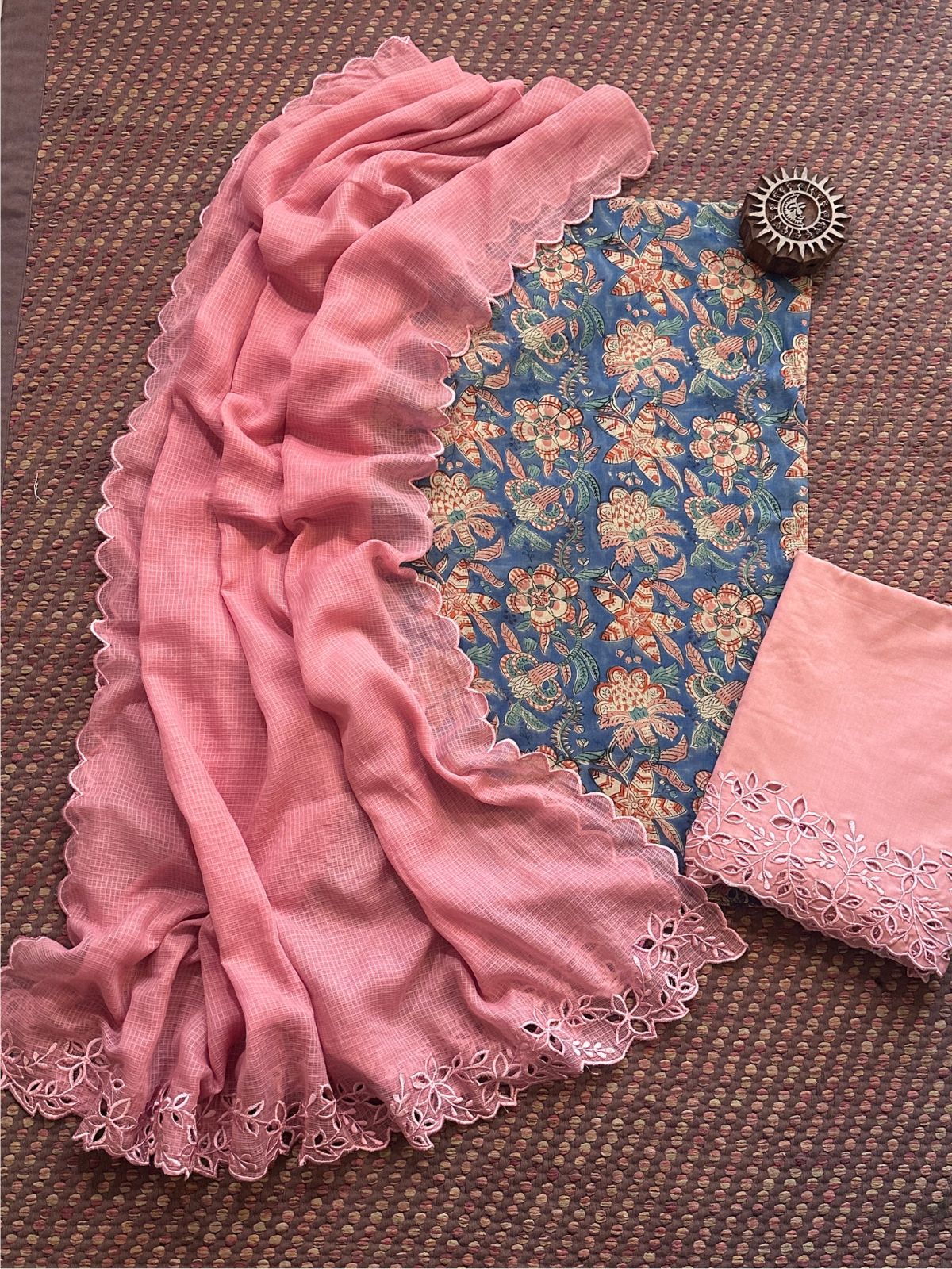 Pure Cotton Malmal Hand-blocked Fabric with Cutwork Bottom & Kota Doria Dupatta