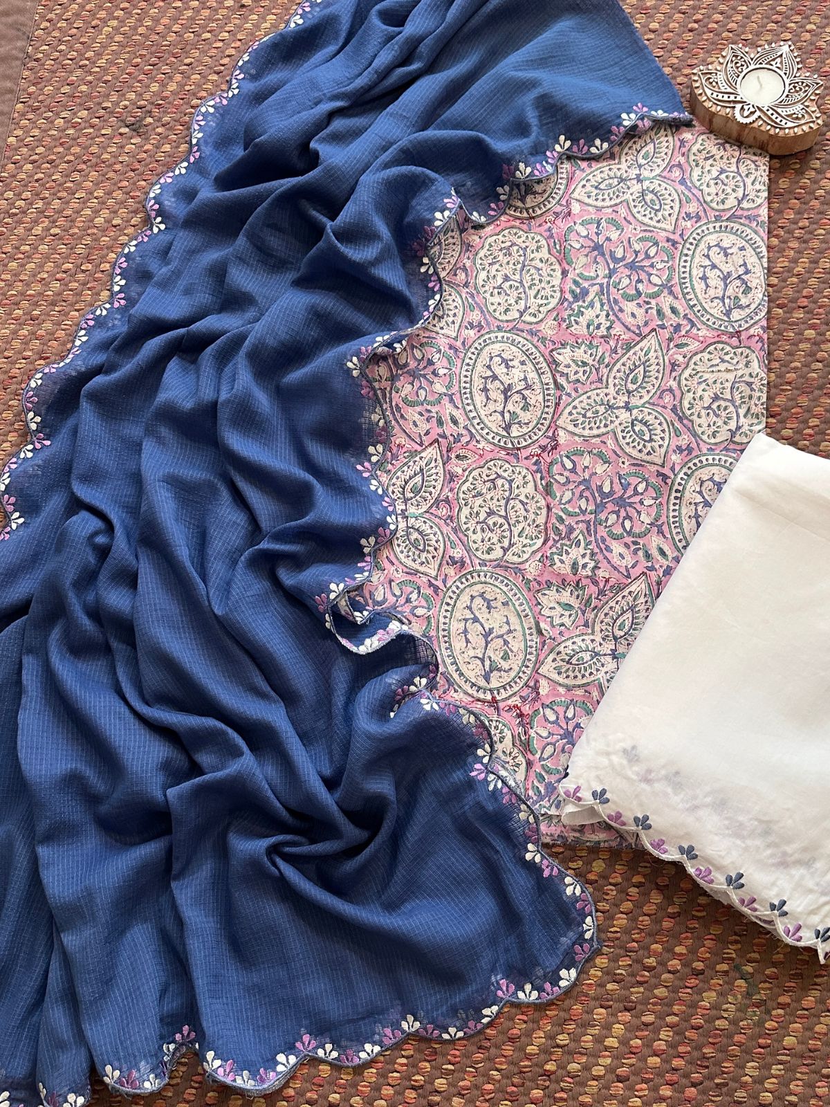 Pure Cotton Hand blocked Set with Embroidered Dupatta