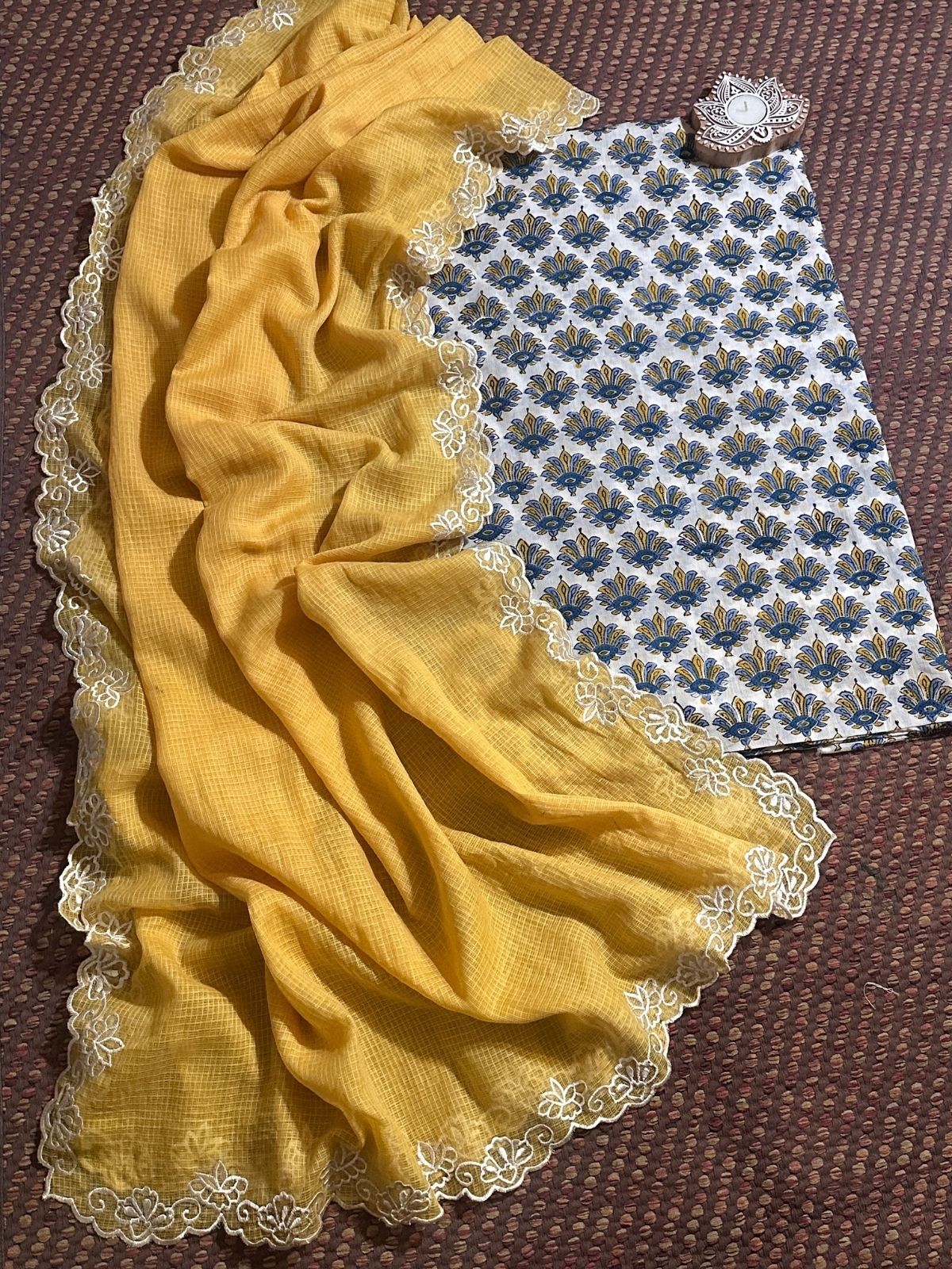 Pure Premium Cotton Malmal Handblock Fabric with Embroidered Dupatta.