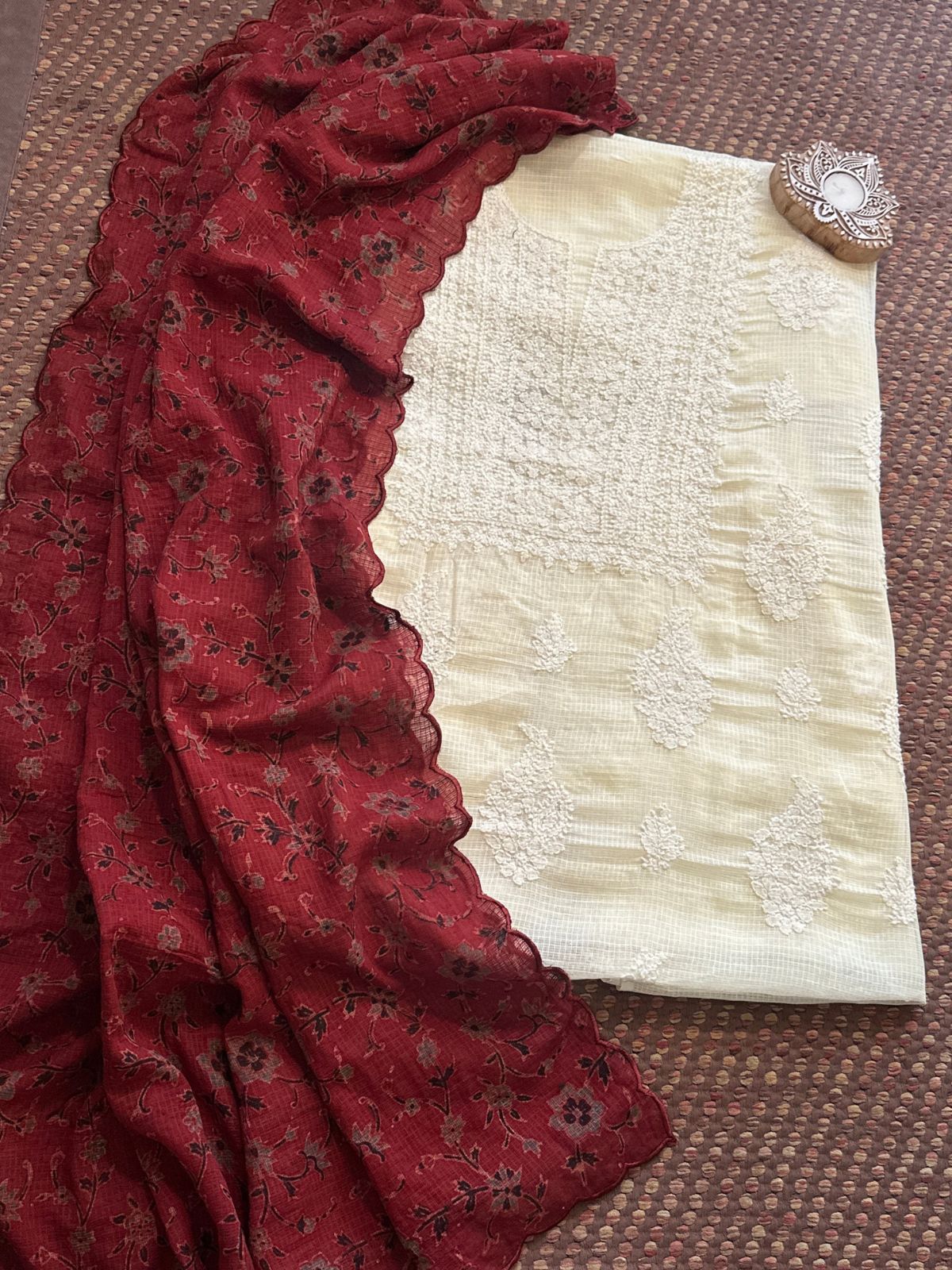 Chikankari Hand Embroidered Kota Doria Fabric with Ajrak Handblocked Kota Dupatta