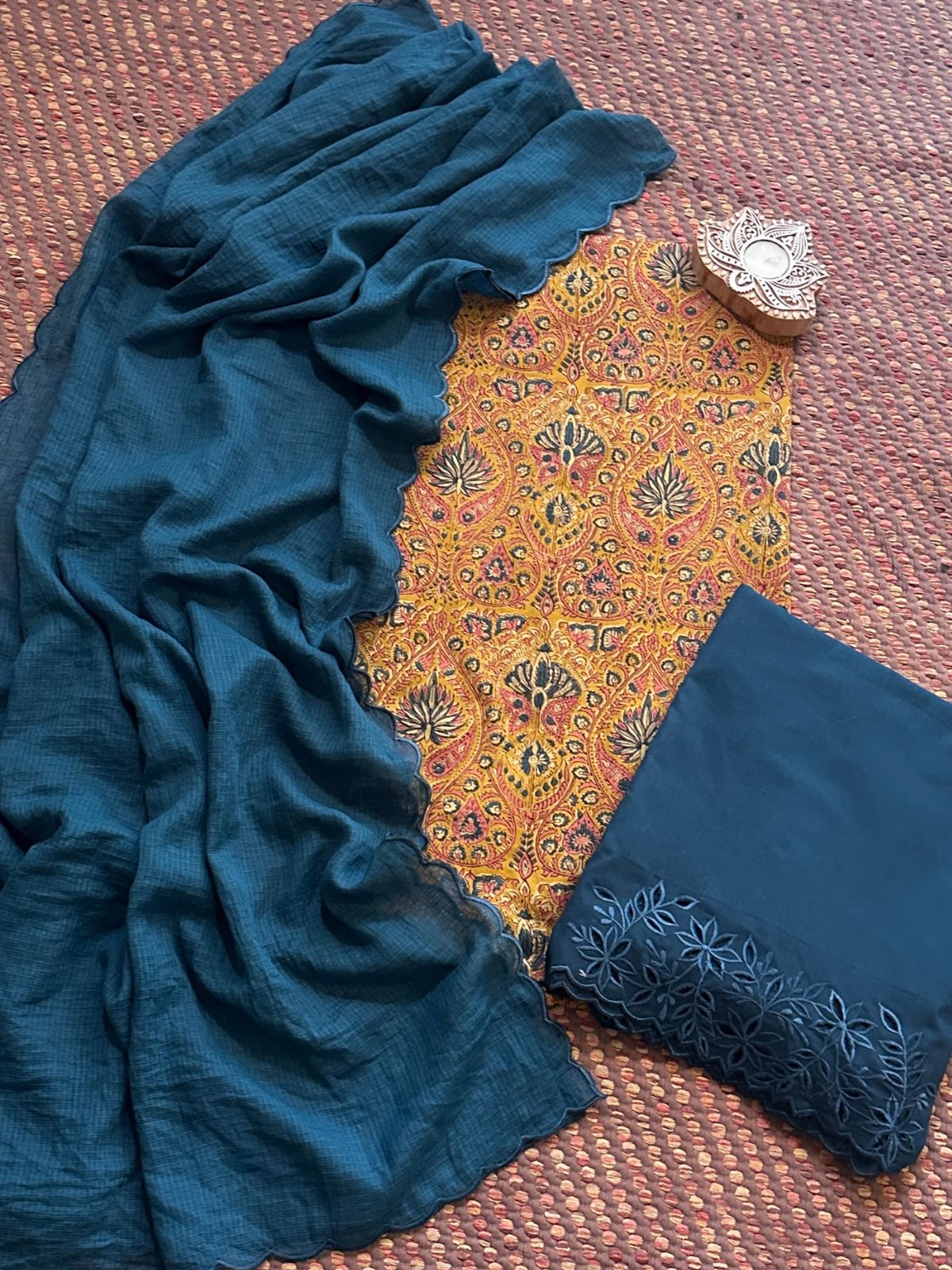 Pure Cotton Malmal Hand-blocked Fabric with Cutwork Bottom & Kota Doria Dupatta