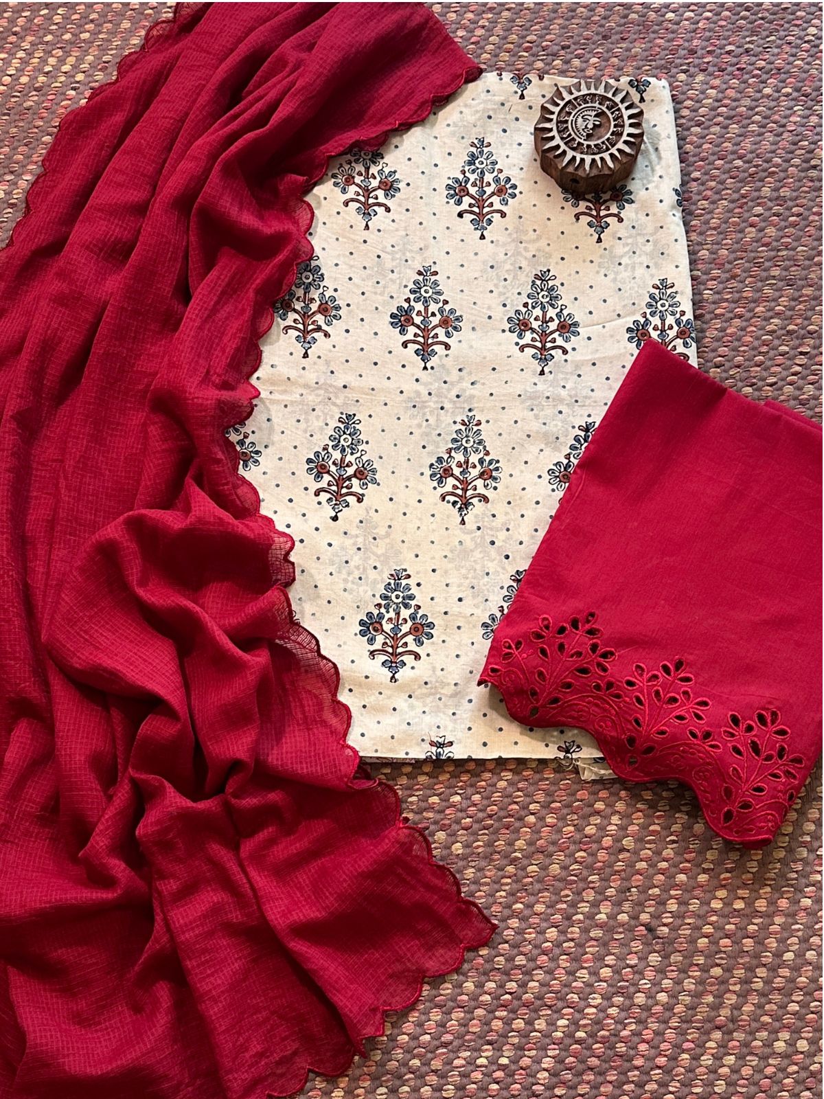 Pure Cotton Malmal  Ajrakh Fabric with Exclusive Cutwork Bottom & Kota Doria Dupatta