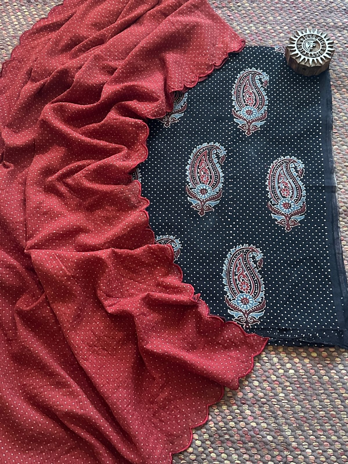 Ajrakh Cotton Malmal Handblocked Set- Top & Dupatta