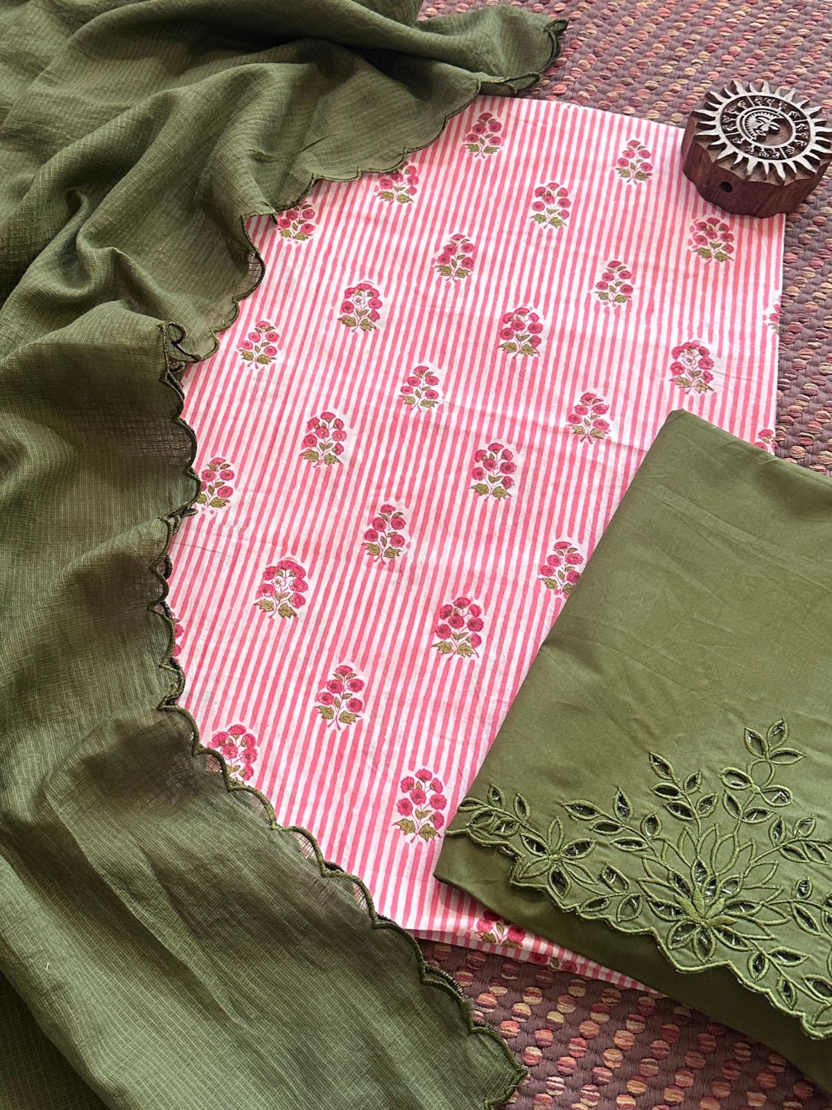 Pure Cotton Hand-blocked Fabric with Cutwork Bottom & Kota Doria Dupatta