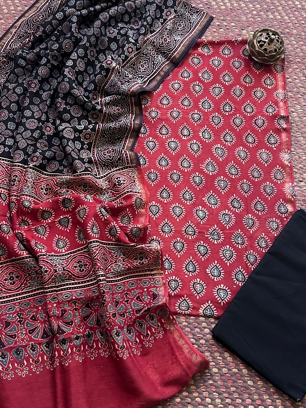 Hand-blocked Ajrak Maheswari Silk Unstitched Set