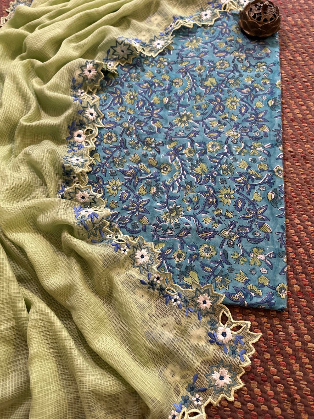 Pure Cotton Handblock Fabric with Exclusive Cutwork Embroidered Dupatta