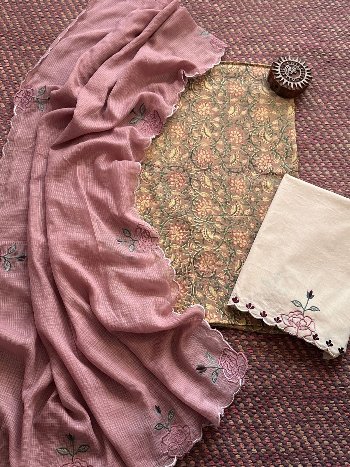 Pure Cotton Malmal Hand-block Fabric with Embroidered Bottom & Kota Doria Dupatta
