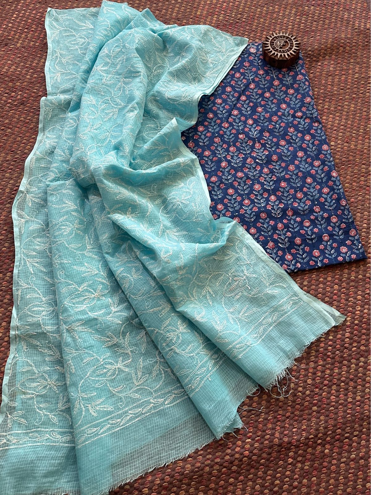 Pure Cotton Hand Blocked Fabric with Chikankari Dupatta