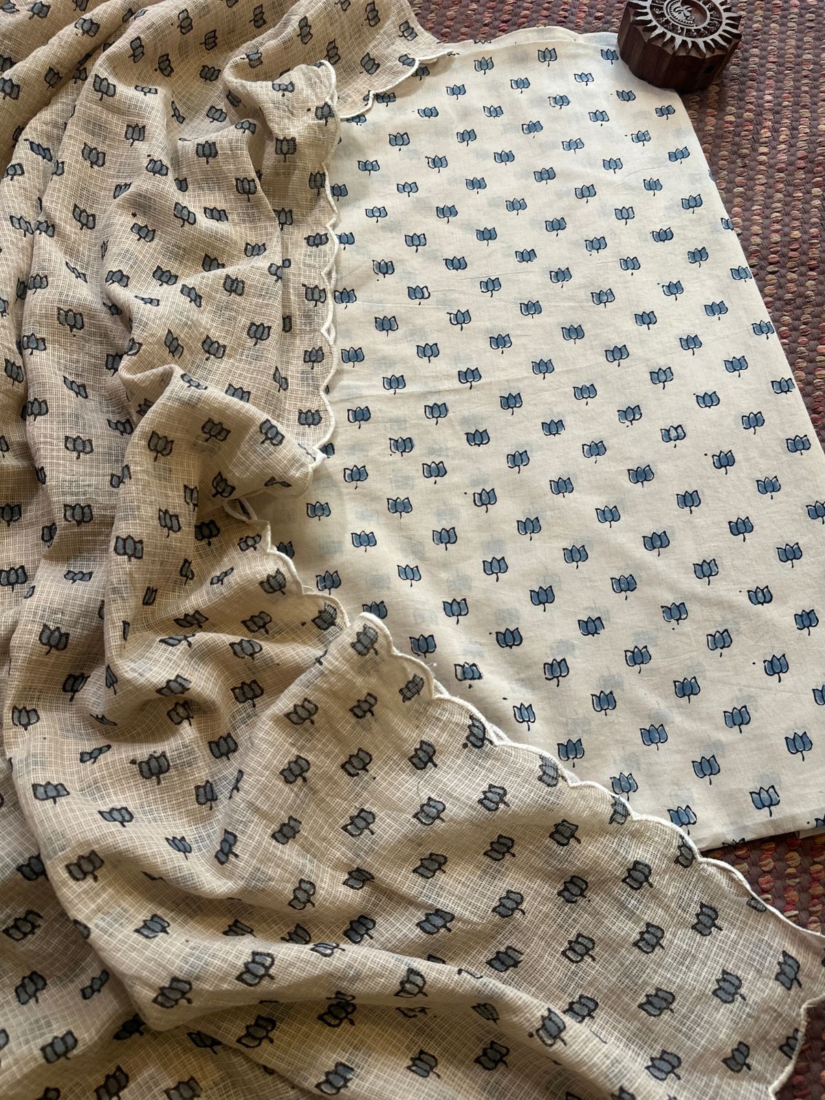 Ajrakh Cotton Malmal Handblocked Set- Top & Dupatta