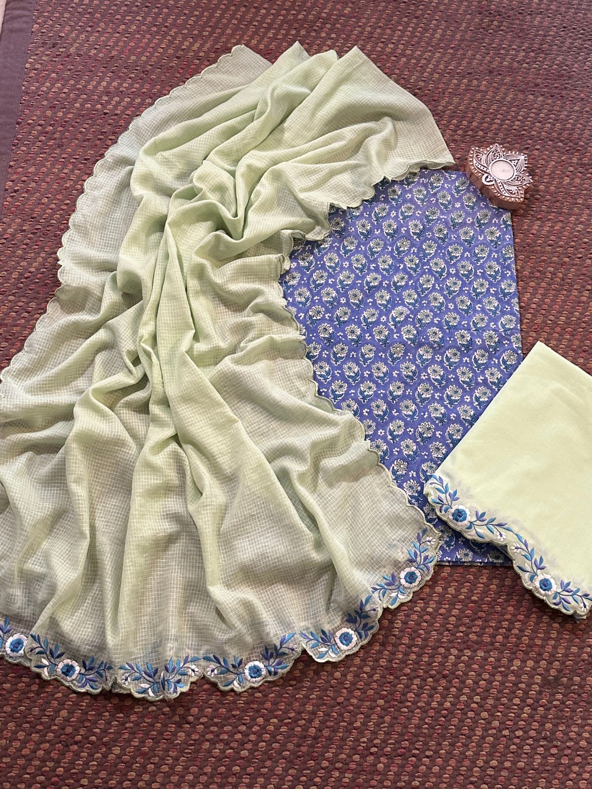 Pure Cotton Hand-block Fabric with Embroidered Bottom & Kota Doria Dupatta