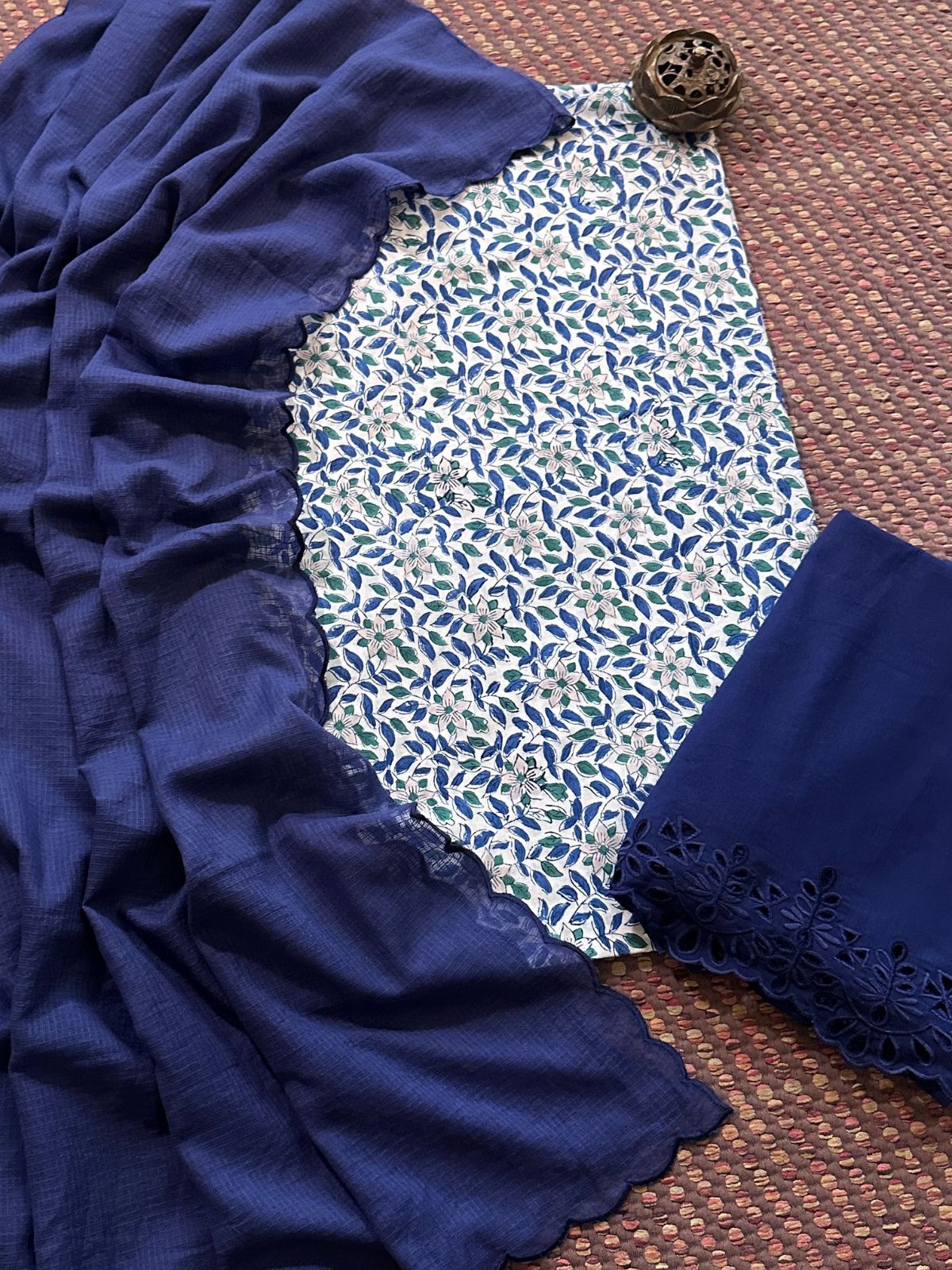 Pure Cotton Hand-blocked Fabric with Cutwork Bottom & Kota Doria Dupatta