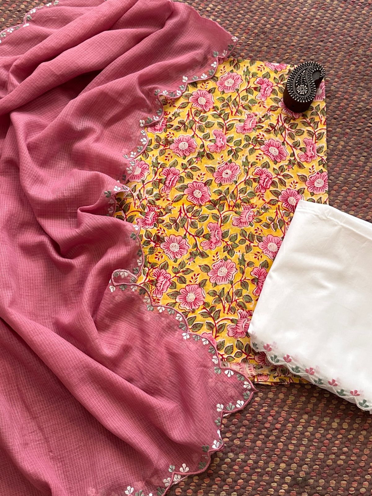 Pure Cotton Hand-block Fabric with Exclusive Embroidered Bottom & Kota Doria Dupatta