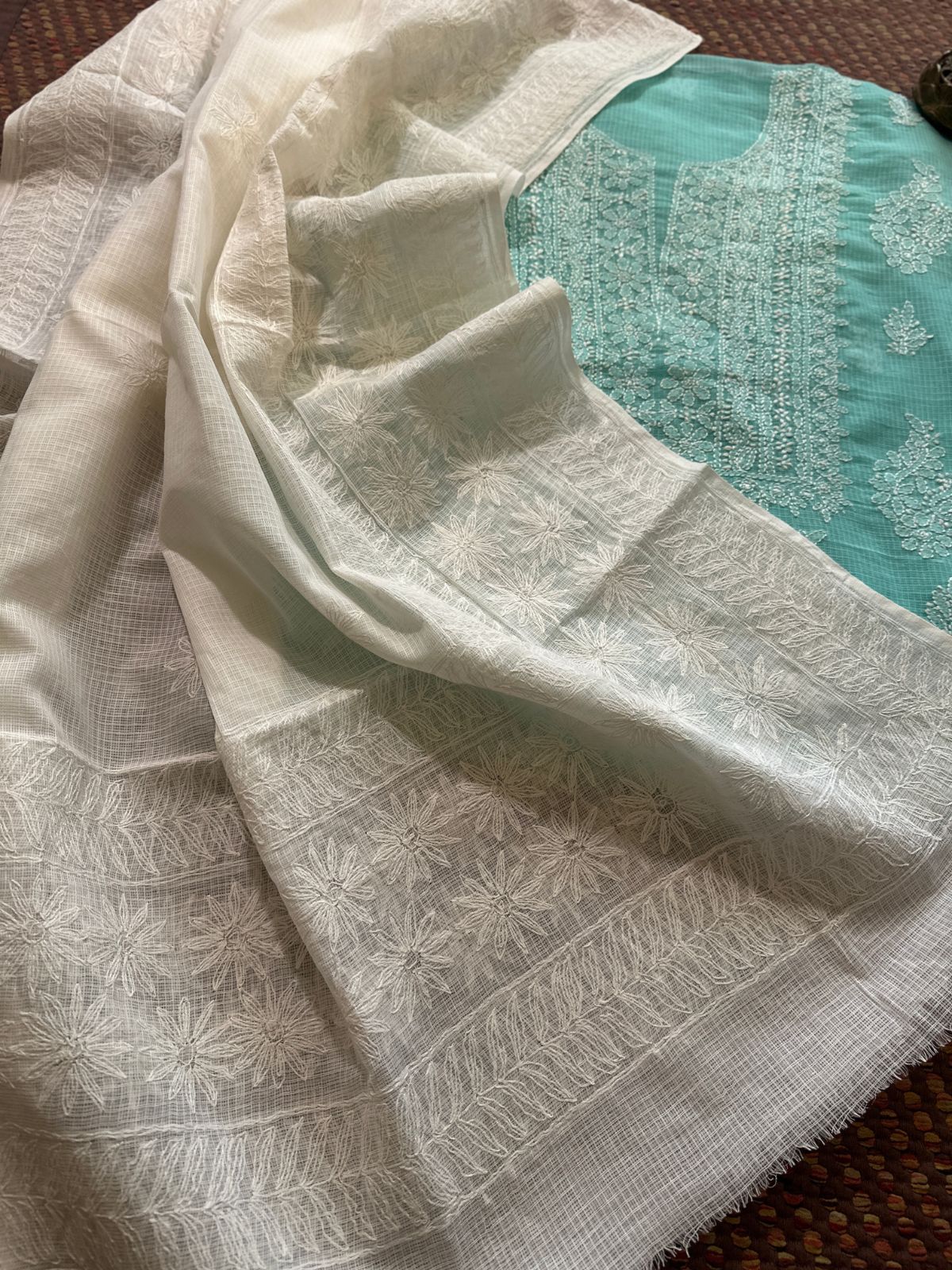 Chikankari Hand Embroidered Fabric with Kota Embroidered Dupatta