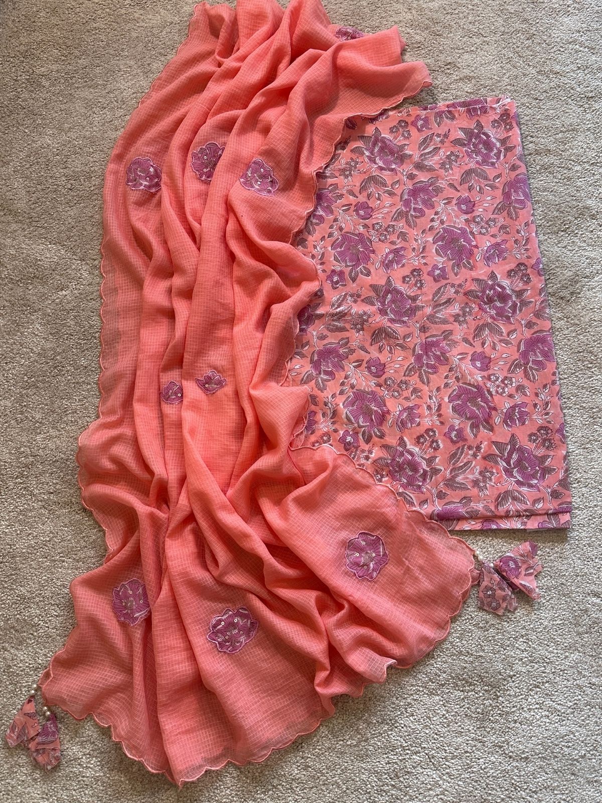 Peach Peony Set- Handblocked Fabric with Applique work Dupatta