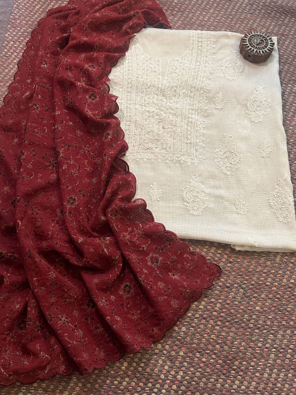 Chikankari Hand Embroidered Fabric with Ajrak Hadblocked Kota Dupatta