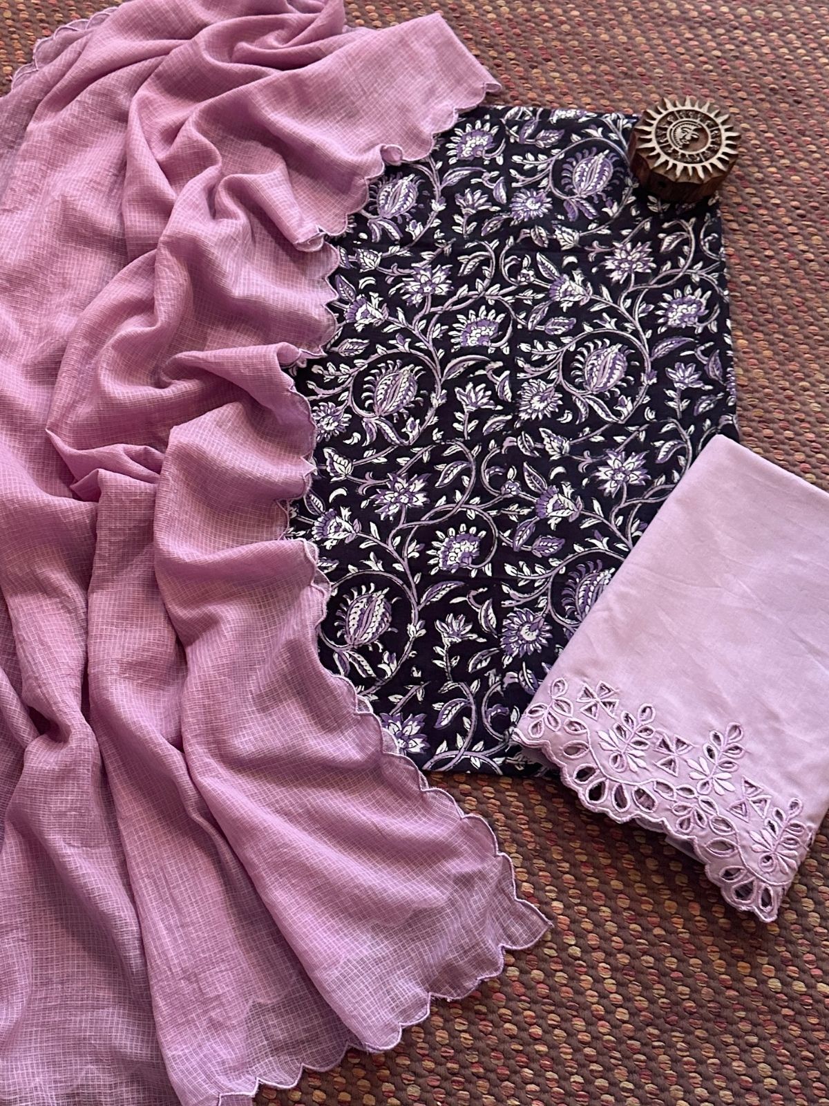 Pure Cotton Hand-blocked Fabric with Cutwork Bottom & Kota Doria Dupatta