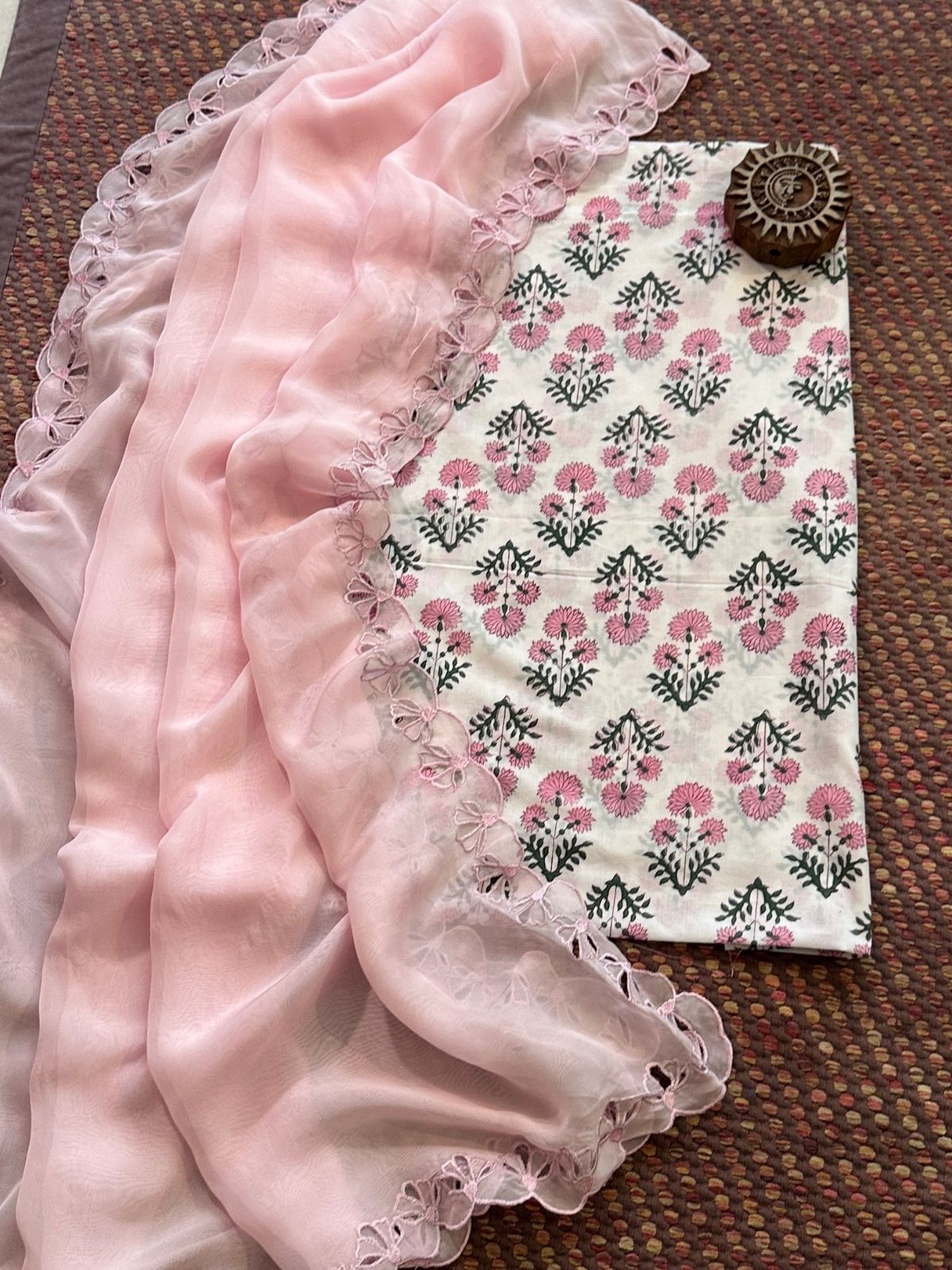 Pure Cotton Handblocked Fabric with Exclusive Cutwork Organza Dupatta