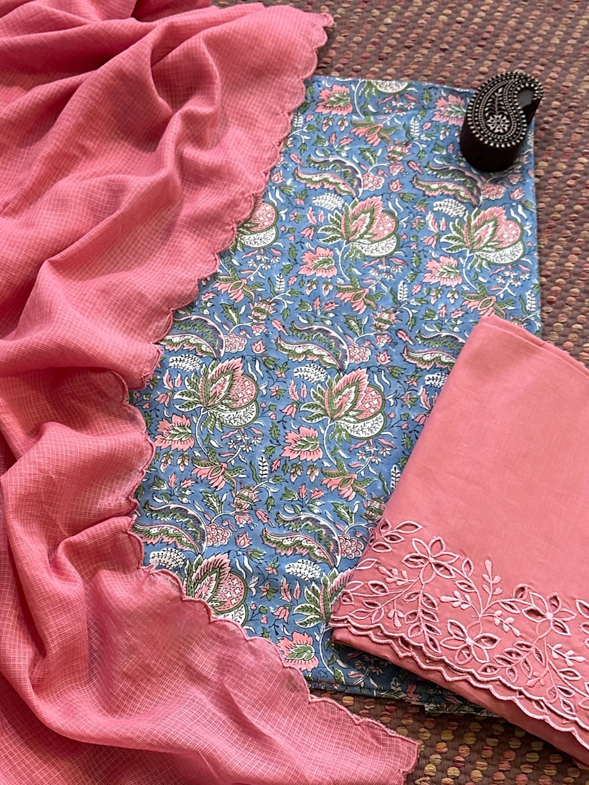 Pure Cotton Hand-blocked Fabric with Cutwork Bottom & Kota Doria Dupatta