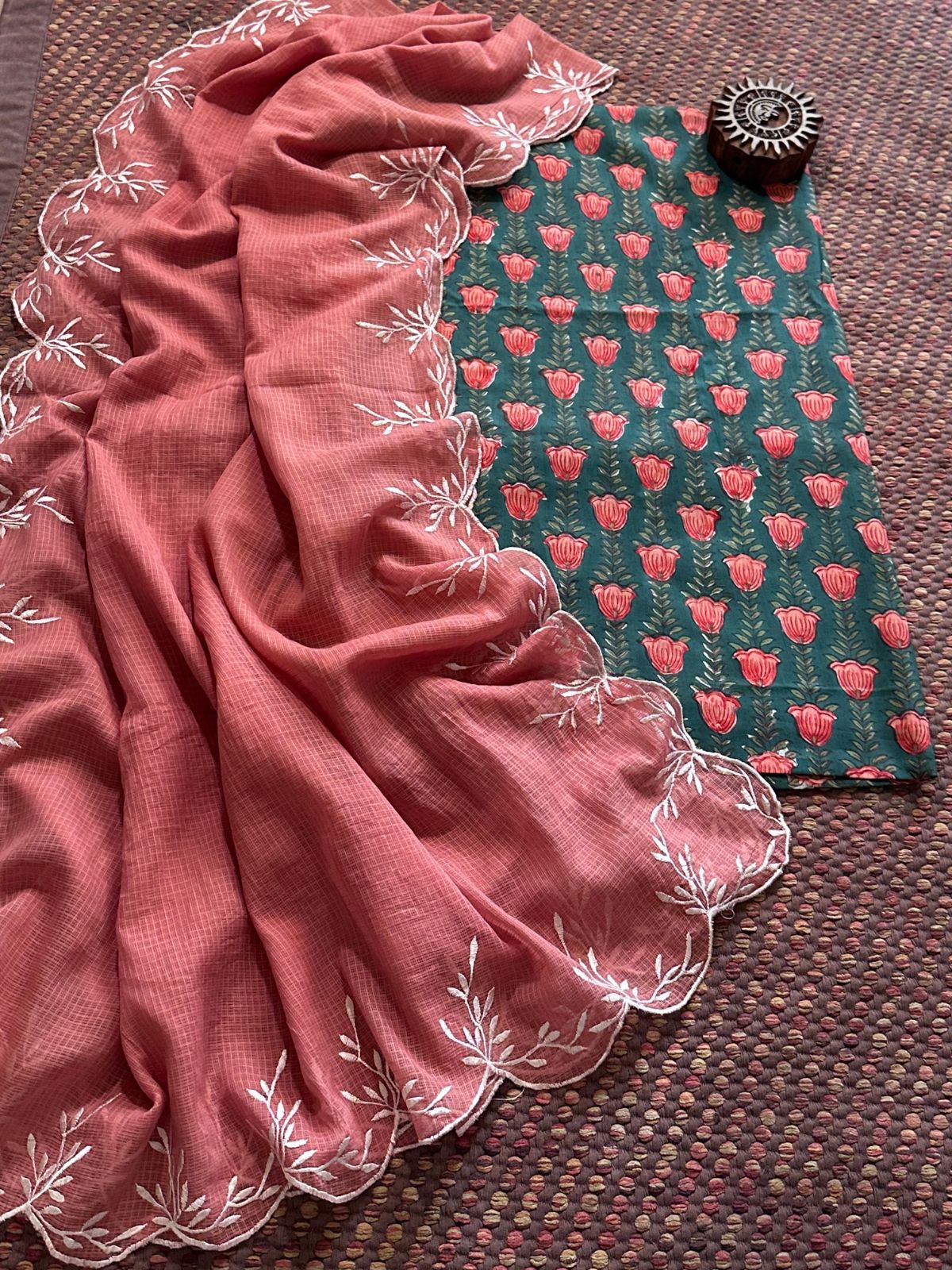 Pure Cotton Hand-blocked fabric set with Embroidered Dupatta
